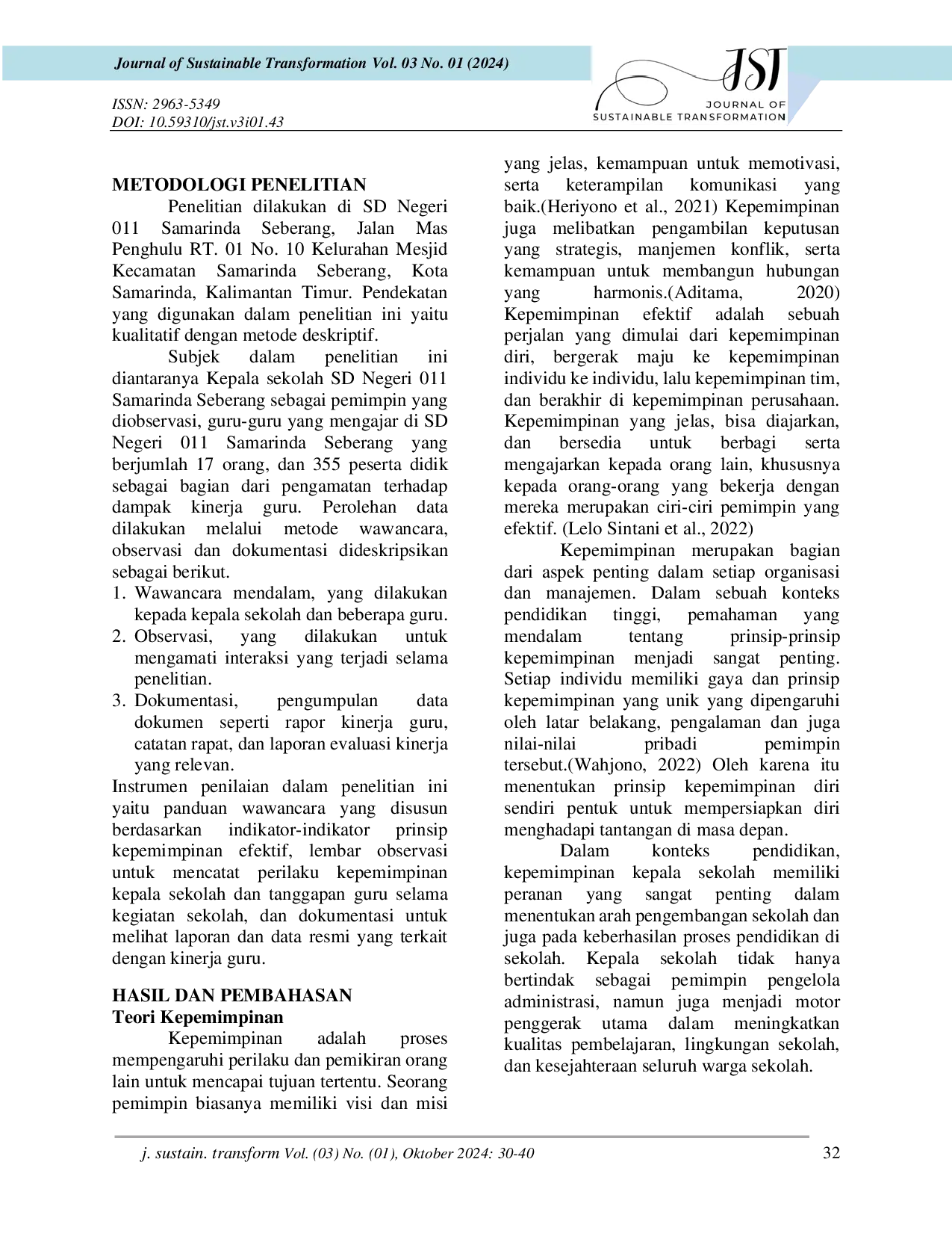 juris Prinsip Kepemimpinan Yang Efektif Dalam Meningkatkan Kinerja Guru di SD Negeri 011 Samarinda Seberang