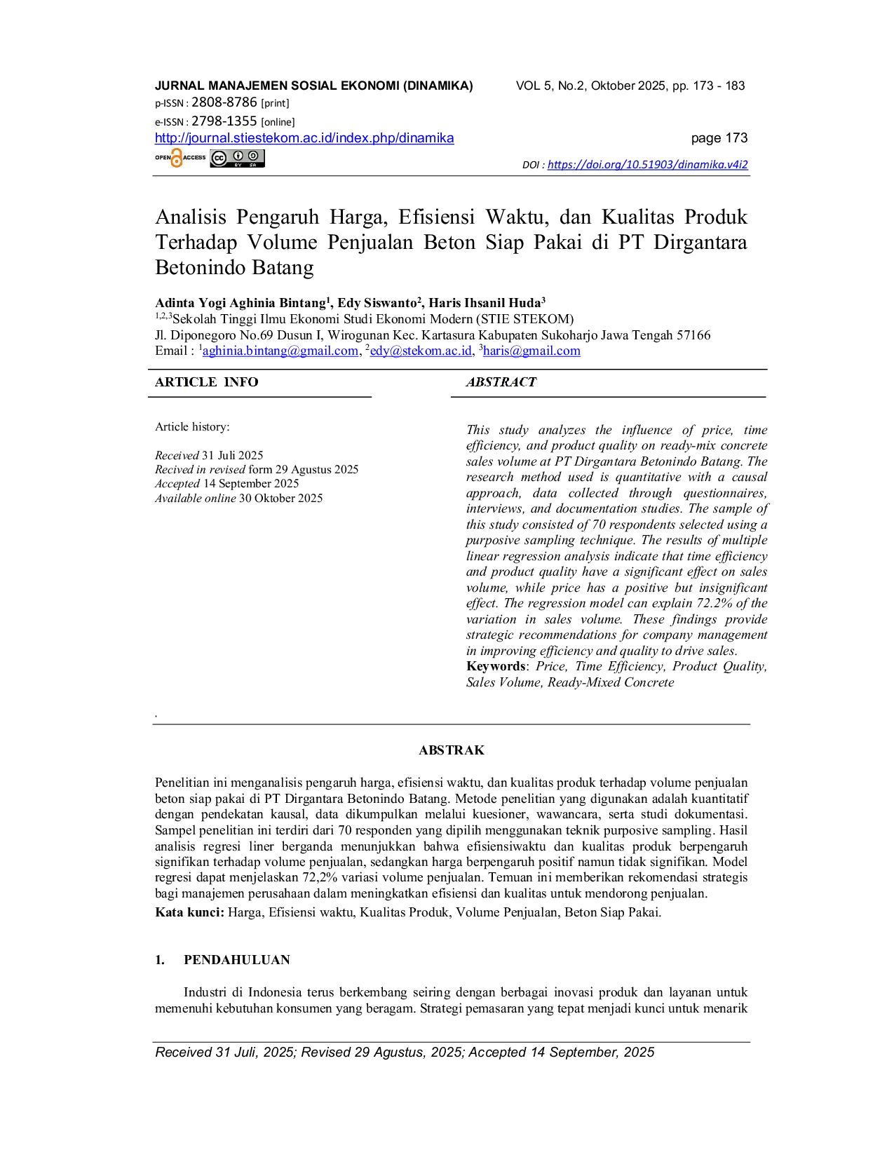 JURIS Analisis Pengaruh Harga Efisiensi Waktu dan Kualitas Produk Terhadap Volume Penjualan Beton Siap Pakai di PT Dirgantara Betonindo Batang