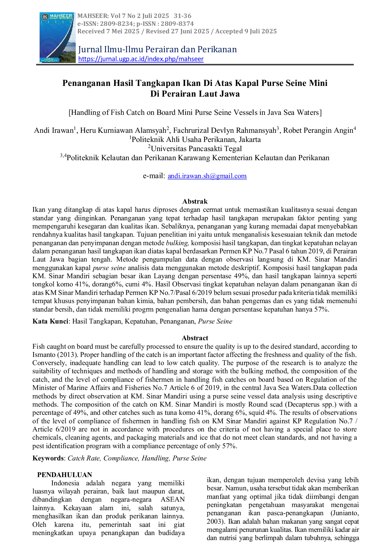 JURIS Penanganan Hasil Tangkapan Ikan Di Atas Kapal Purse Seine Mini Di Perairan Laut Jawa