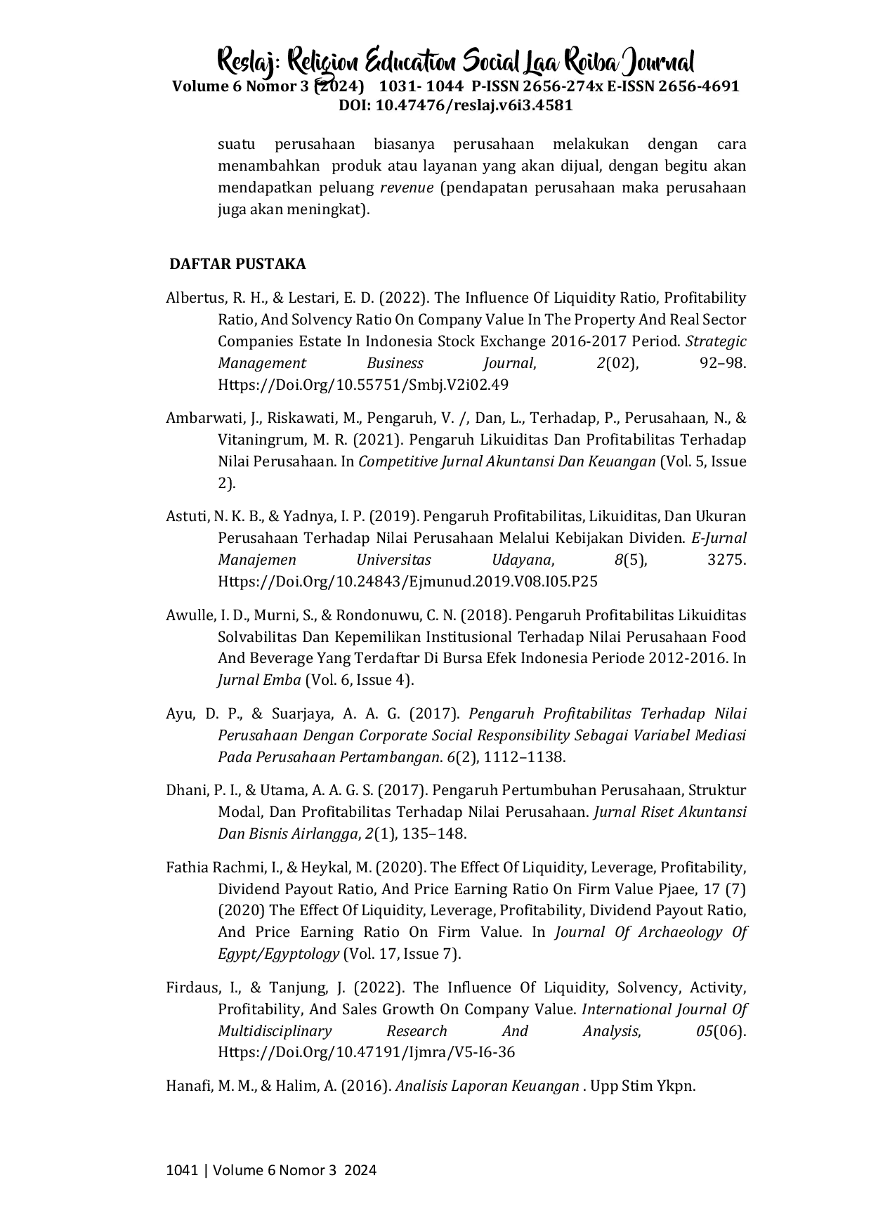 JURIS Pengaruh Profitabilitas Likuiditas Solvabilitas terhadap Nilai Perusahaan Industri Jasa