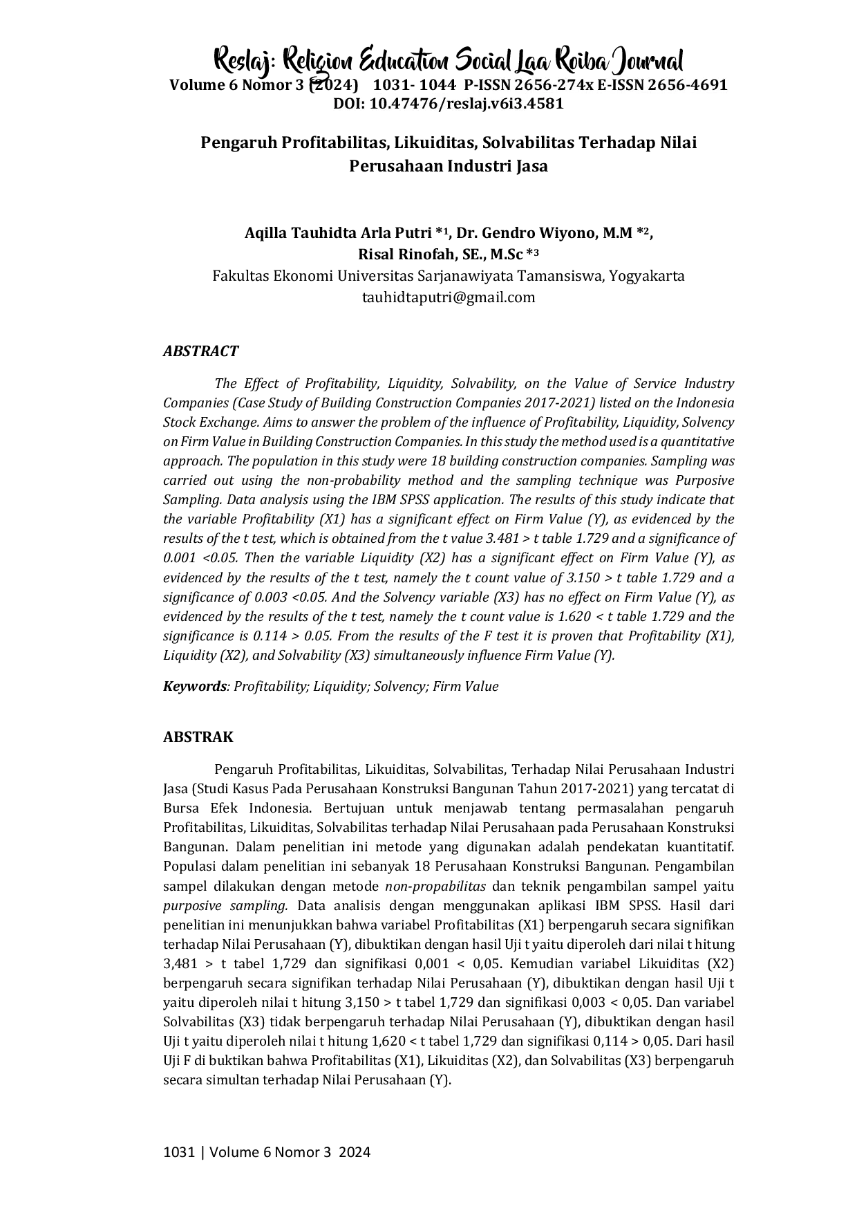 JURIS Pengaruh Profitabilitas Likuiditas Solvabilitas terhadap Nilai Perusahaan Industri Jasa