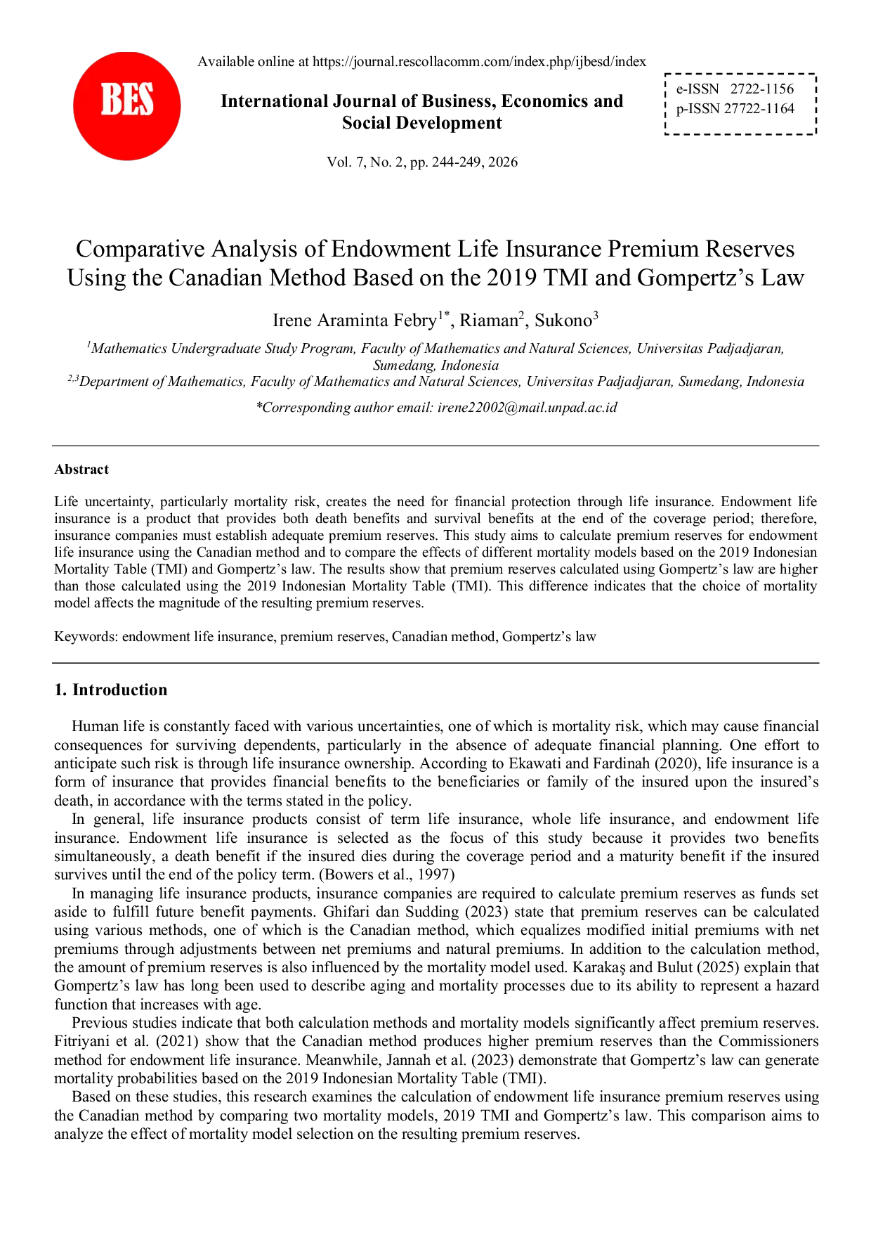 JURIS Comparative Analysis of Endowment Life Insurance Premium Reserves Using the Canadian Method Based on the 2019 TMI and Gompertz s Law