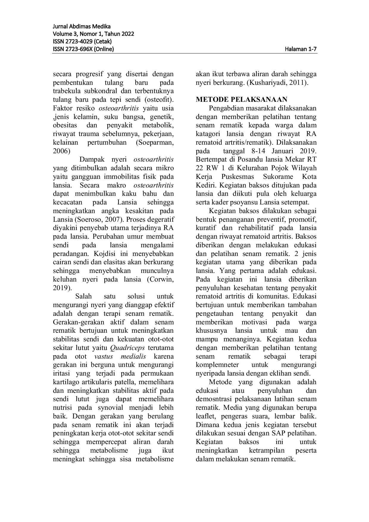 JURIS PEMBERIAN PELATIHAN SENAM REMATIK SEBAGAI BENTUK PENANGANAN KURATIF DAN REHABILITATIF PADA LANSIA DENGAN NYERI SENDI di DESA POJOK KOTA KEDIRI