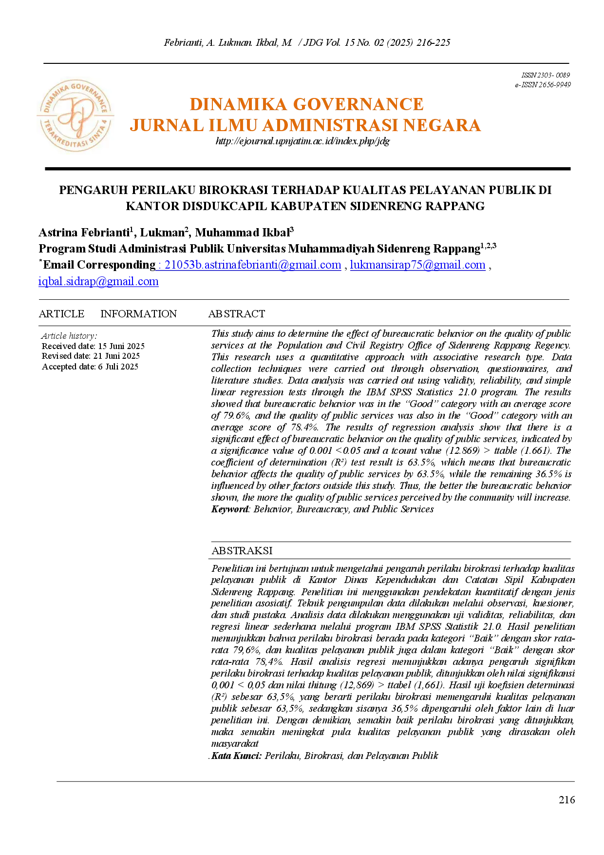 juris Pengaruh Perilaku Birokrasi Terhadap Kualitas Pelayanan Publik Di Kantor Disdukcapil Kabupaten Sidenreng Rappang