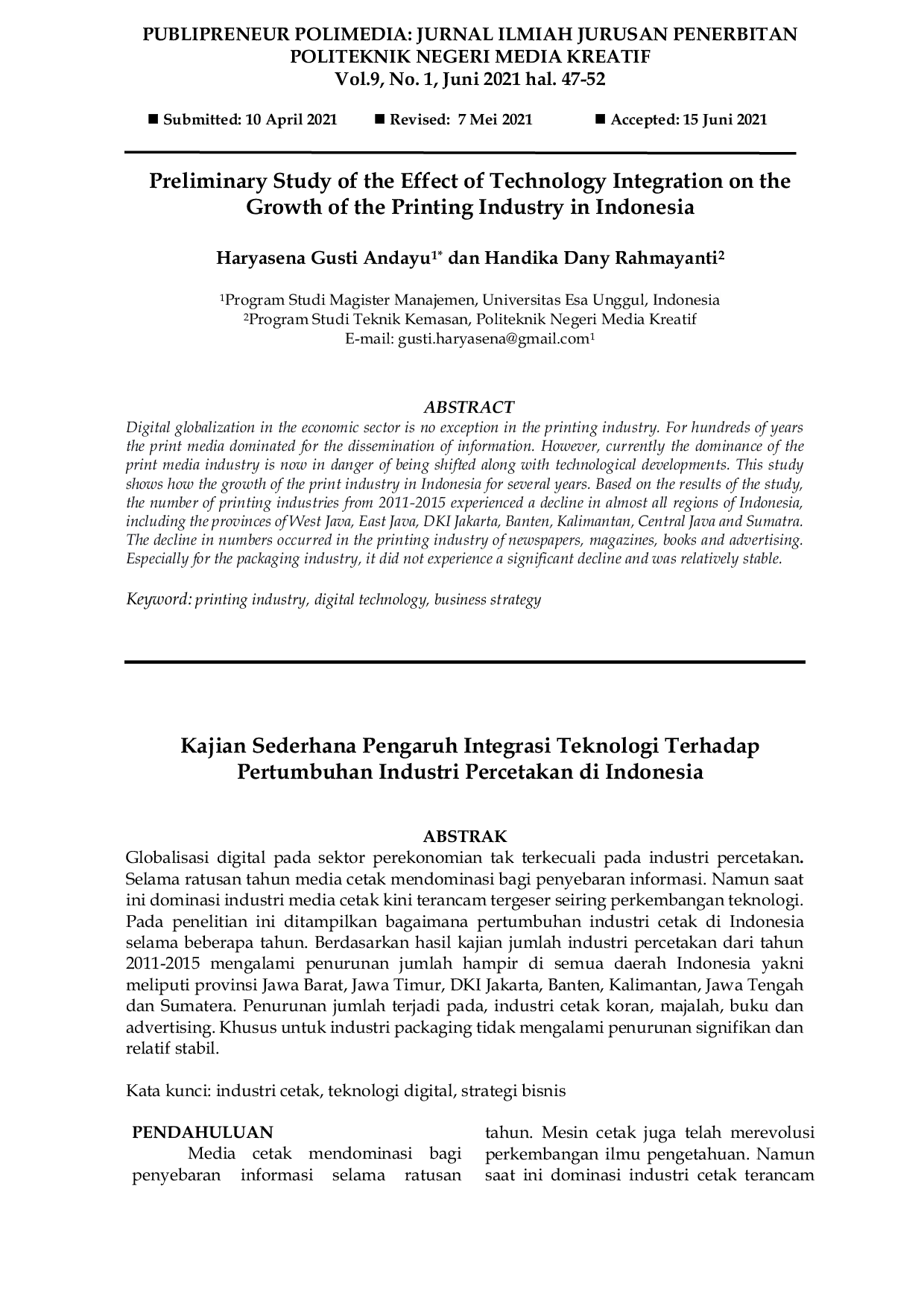 JURIS Kajian Sederhana Pengaruh Integrasi Teknologi Terhadap Pertumbuhan Industri Percetakan Di Indonesia