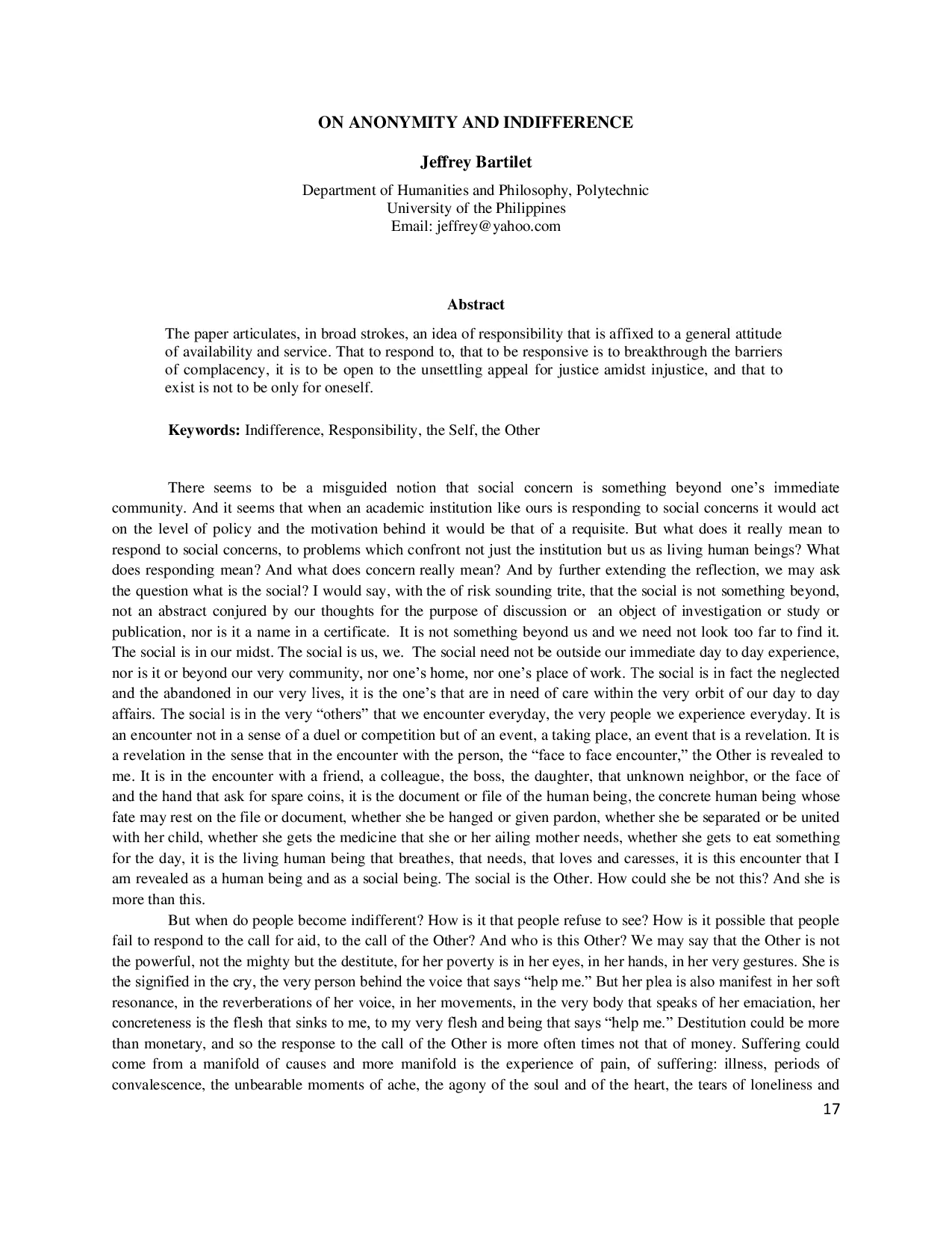 JURIS On Anonymity and Indifference