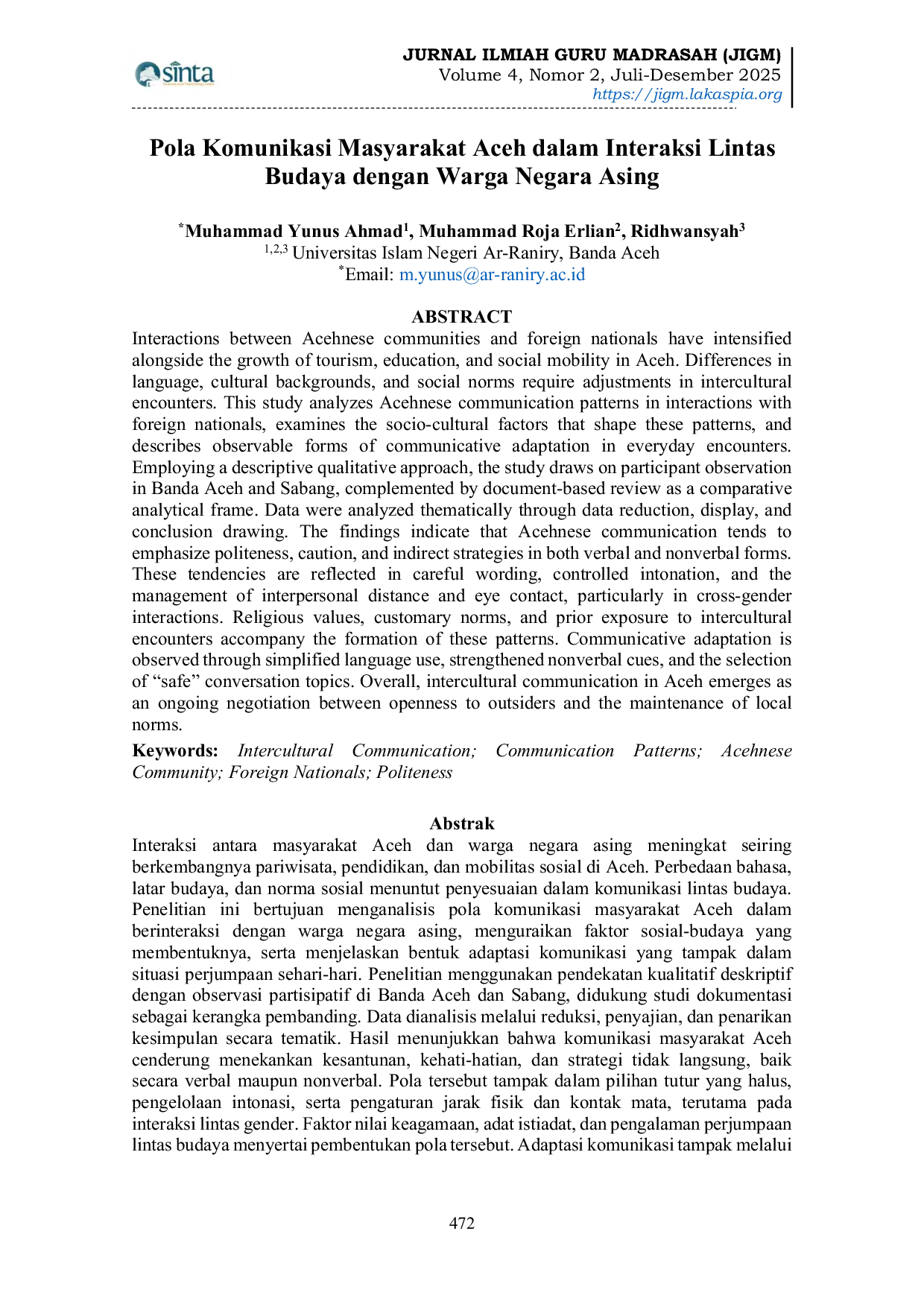 JURIS Pola Komunikasi Masyarakat Aceh dalam Interaksi Lintas Budaya dengan Warga Negara Asing