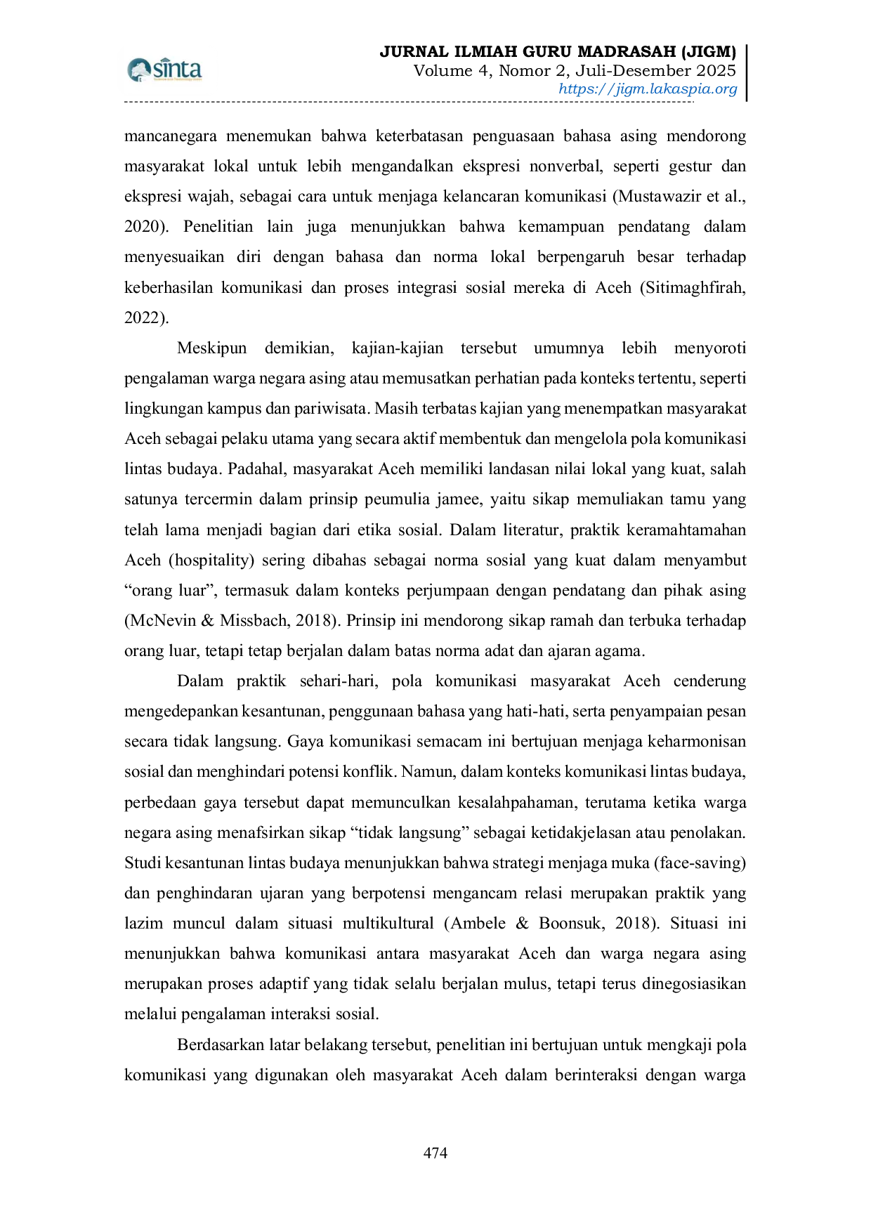 JURIS Pola Komunikasi Masyarakat Aceh dalam Interaksi Lintas Budaya dengan Warga Negara Asing