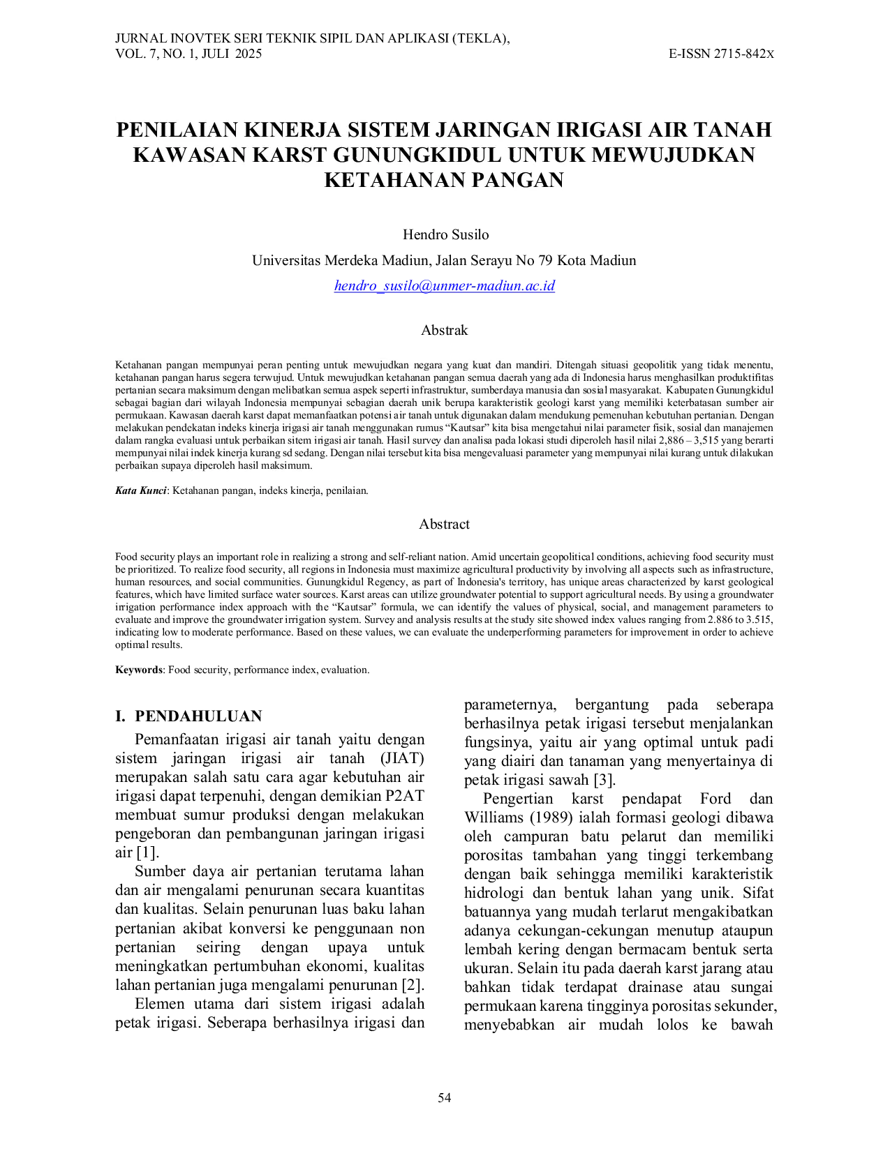 JURIS Penilaian Kinerja Sistem Jaringan Irigasi Air Tanah Kawasan Karst Gunungkidul Untuk Mewujudkan Ketahanan Pangan