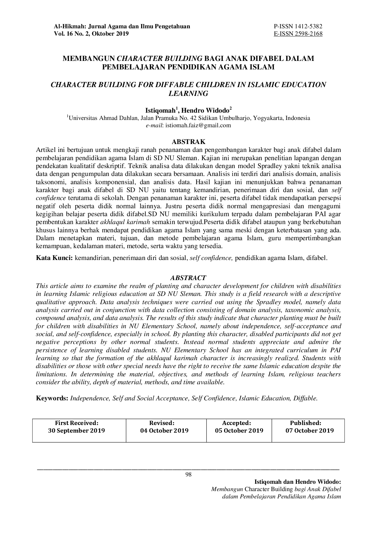 juris Membangun Character Building bagi Anak Difabel dalam Pembelajaran Pendidikan Agama Islam