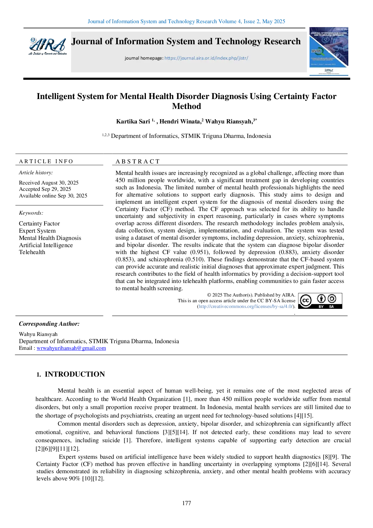 JURIS Intelligent System for Mental Health Disorder Diagnosis Using Certainty Factor Method