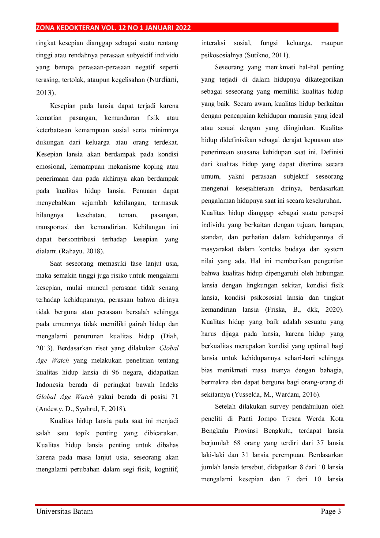 JURIS Hubungan Tingkat Kesepian Dengan Kualitas Hidup Pada Lansia Di Panti Jompo Tresna Werda Kota Bengkulu