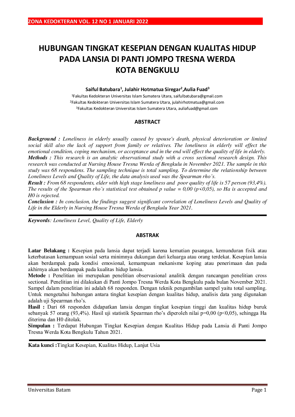 JURIS Hubungan Tingkat Kesepian Dengan Kualitas Hidup Pada Lansia Di Panti Jompo Tresna Werda Kota Bengkulu