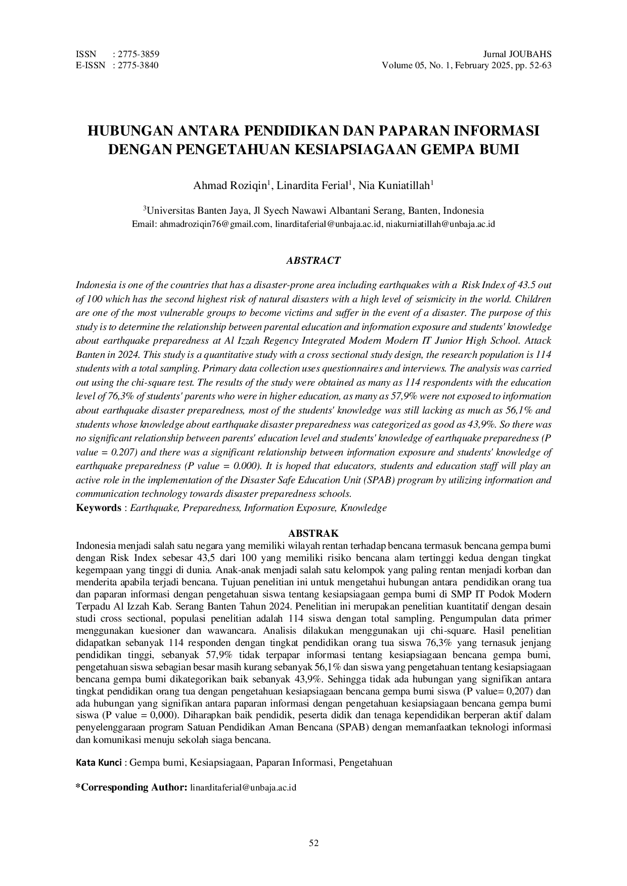 JURIS HUBUNGAN ANTARA PENDIDIKAN DAN PAPARAN INFORMASI DENGAN PENGETAHUAN KESIAPSIAGAAN GEMPA BUMI