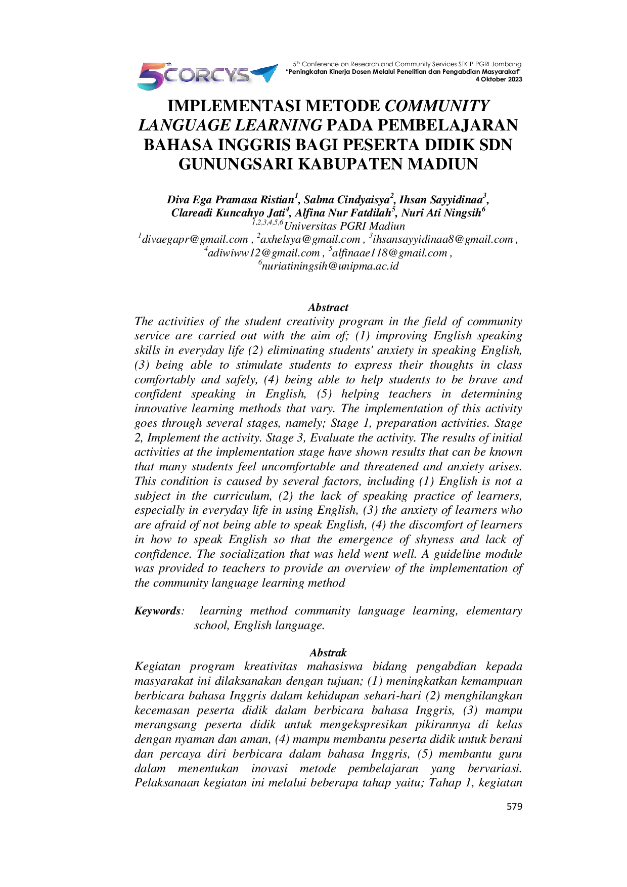 JURIS Implementasi Metode Community Language Learning Pada Pembelajaran Bahasa Inggris Bagi Peserta Didik SDN Gunungsari Kabupaten Madiun