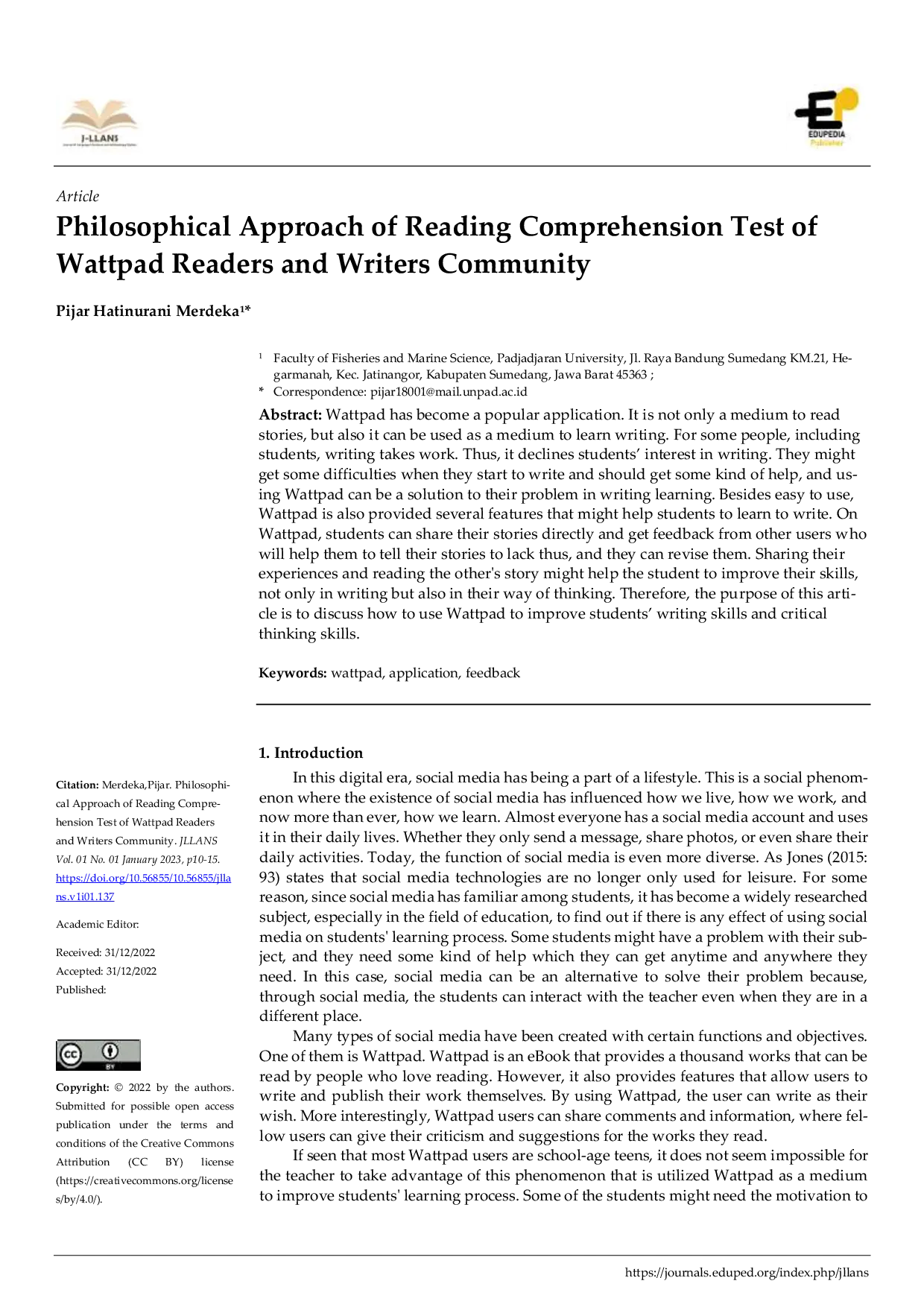 JURIS Philosophical Approach of Reading Comprehension Test of Wattpad Readers and Writers Community