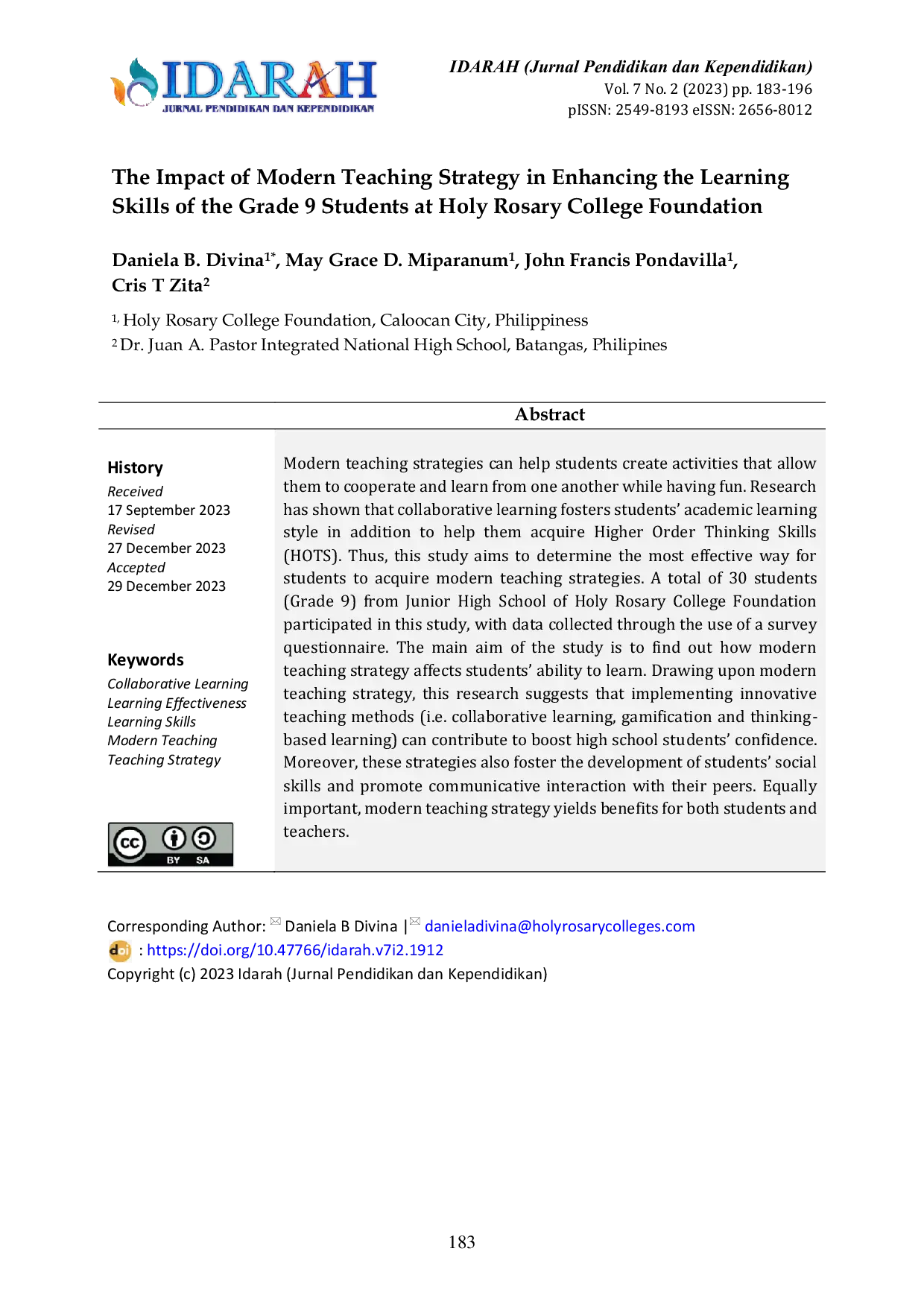 JURIS The Impact of Modern Teaching Strategy in Enhancing the Learning Skills of the Grade 9 Students at Holy Rosary College Foundation