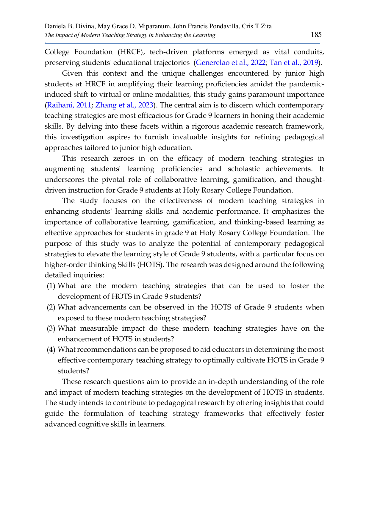 JURIS The Impact of Modern Teaching Strategy in Enhancing the Learning Skills of the Grade 9 Students at Holy Rosary College Foundation
