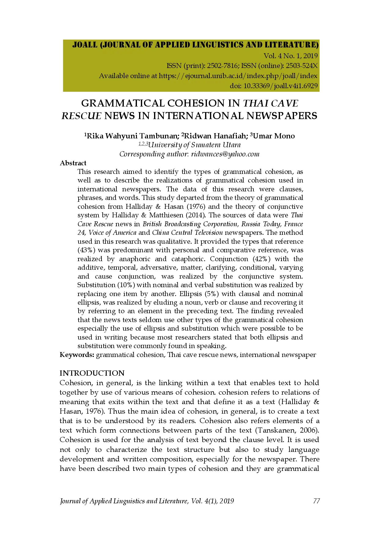 juris Grammatical Cohesion in Thai Cave Rescue News in International Newspapers