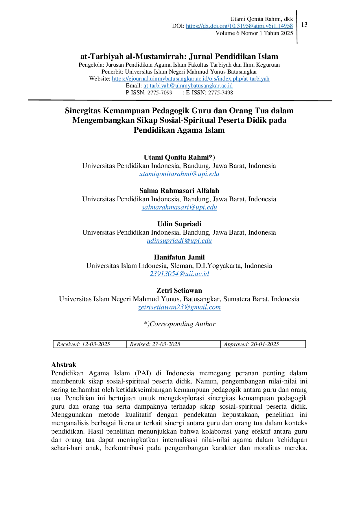 JURIS Sinergitas Kemampuan Pedagogik Guru dan Orang Tua dalam Mengembangkan Sikap Sosial Spiritual Peserta Didik pada Pendidikan Agama Islam
