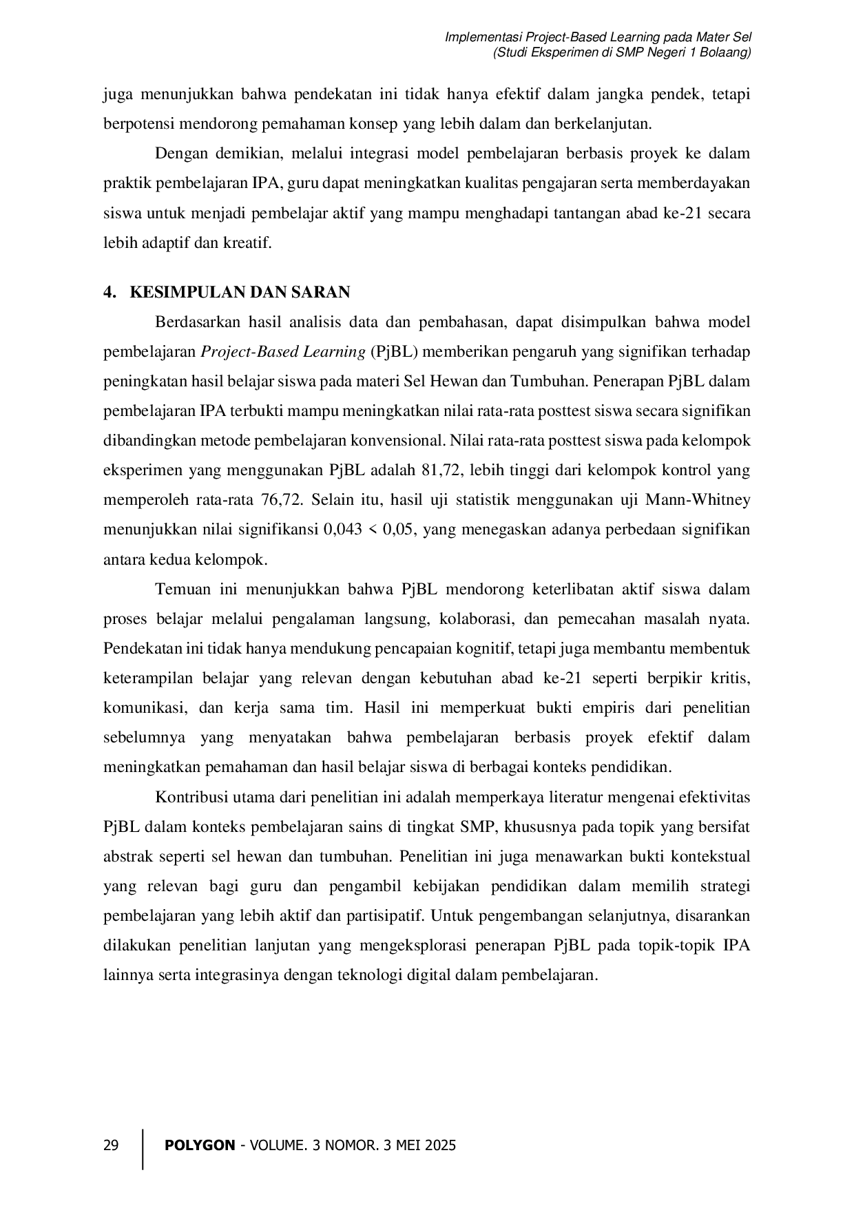 JURIS Implementasi Project Based Learning pada Mater Sel Studi Eksperimen di SMP Negeri 1 Bolaang