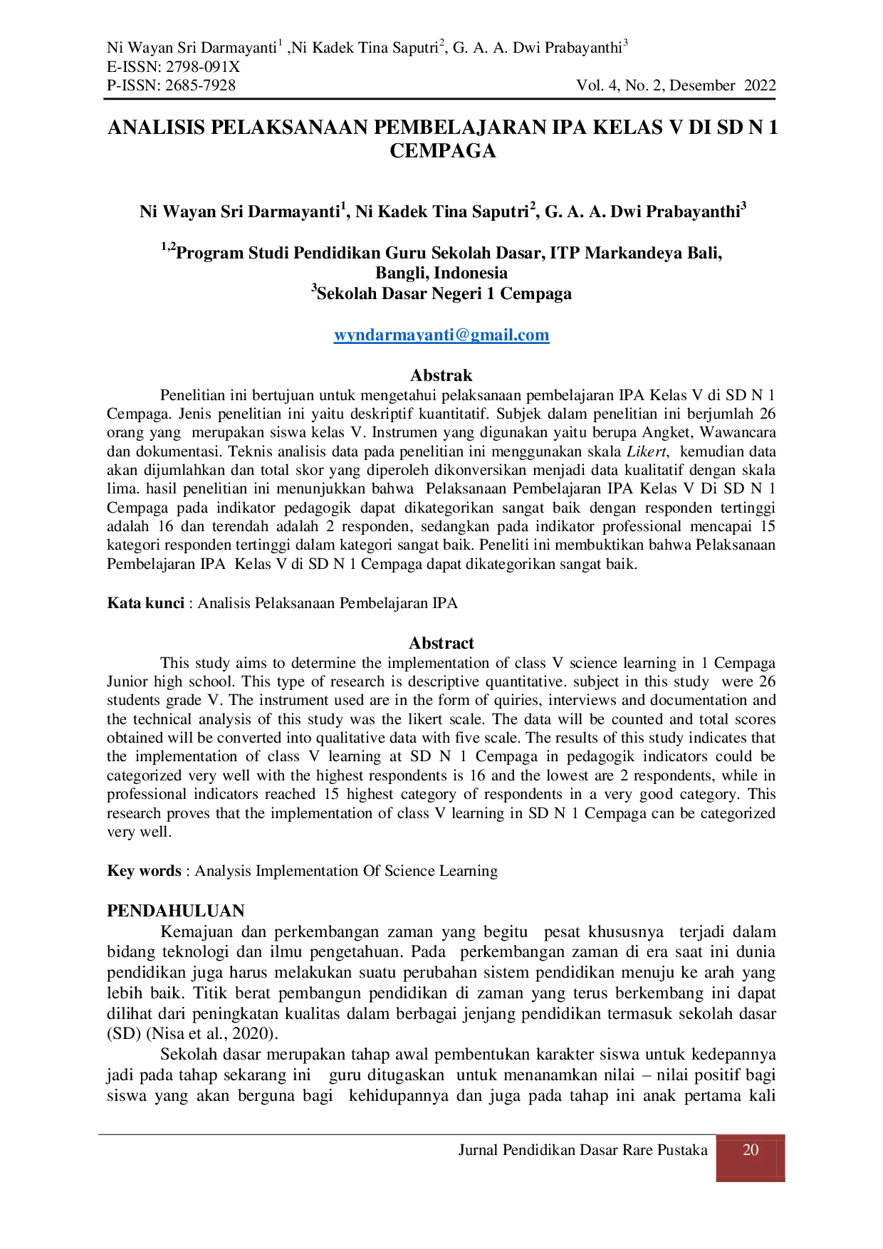 JURIS Analisis Pelaksanaan Pembelajaran Ipa Kelas V Di Sd N 1 Cempaga