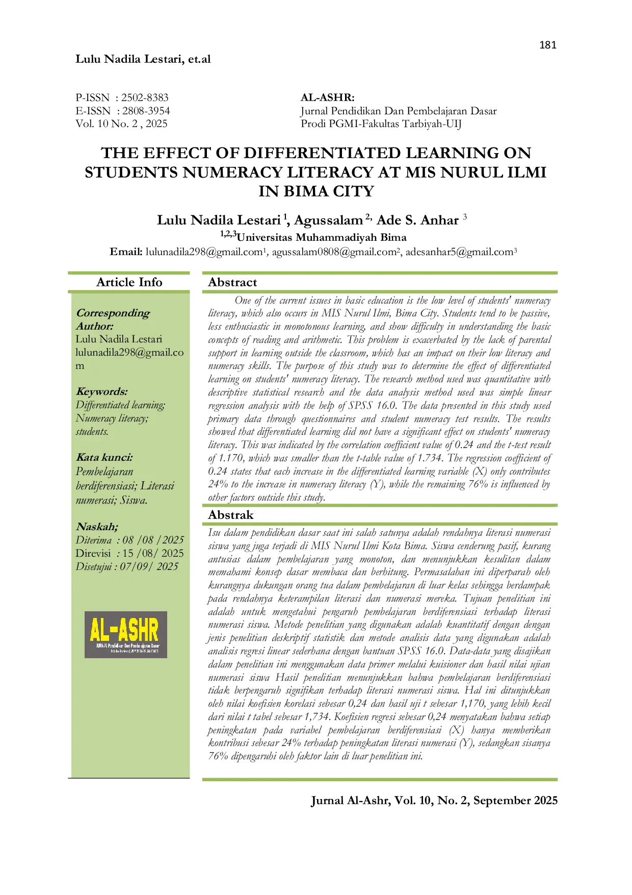 JURIS The Effect of Differentiated Learning on Students Numeracy Literacy at MIS Nurul Ilmi in Bima City