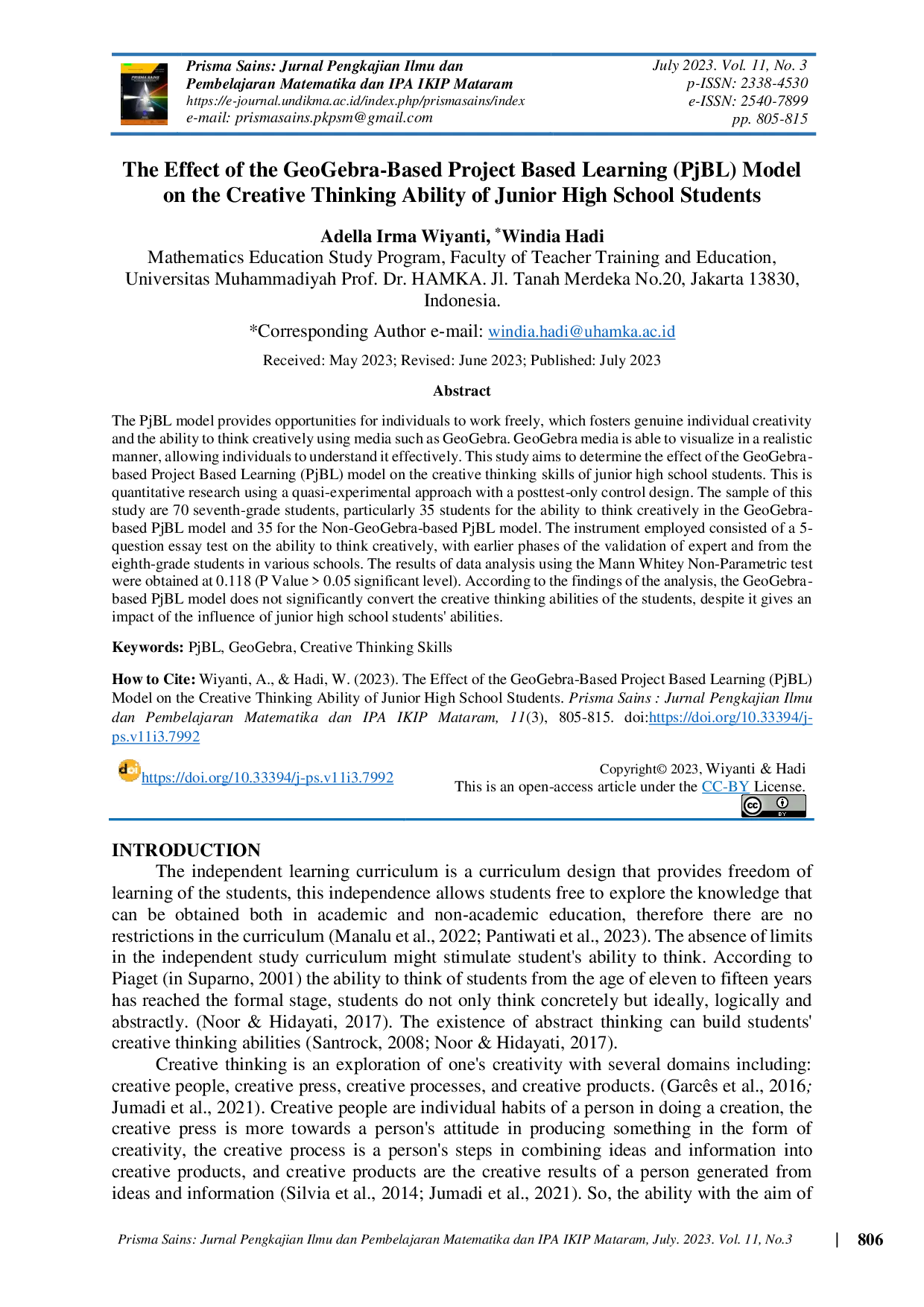 JURIS The Effect of The GeoGebra Based Project Based Learning PjBL Model on the Creative Thinking Ability of Junior High School Students