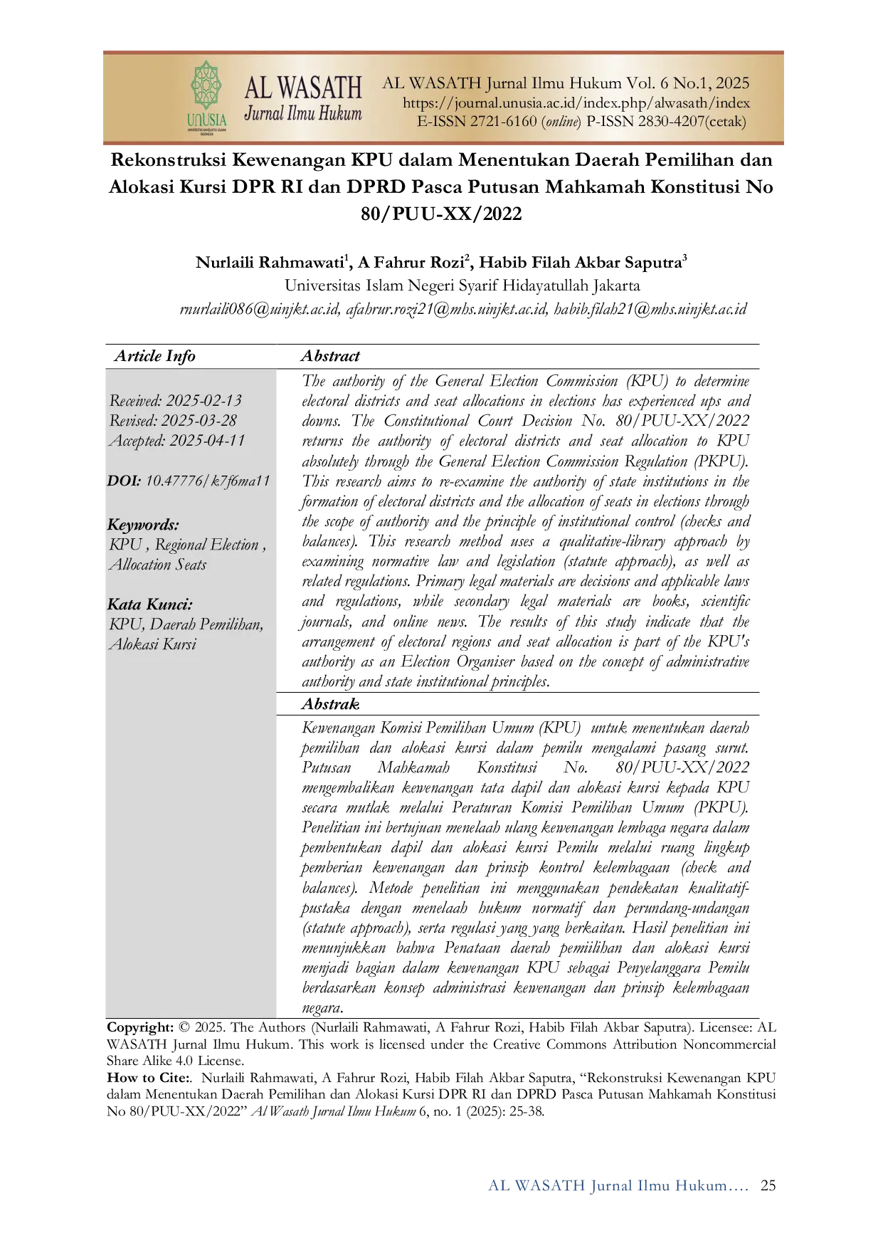 JURIS Rekonstruksi Kewenangan KPU dalam Menentukan Daerah Pemilihan dan Alokasi Kursi DPR RI dan DPRD Pasca Putusan Mahkamah Konstitusi No 80 PUU XX 2022
