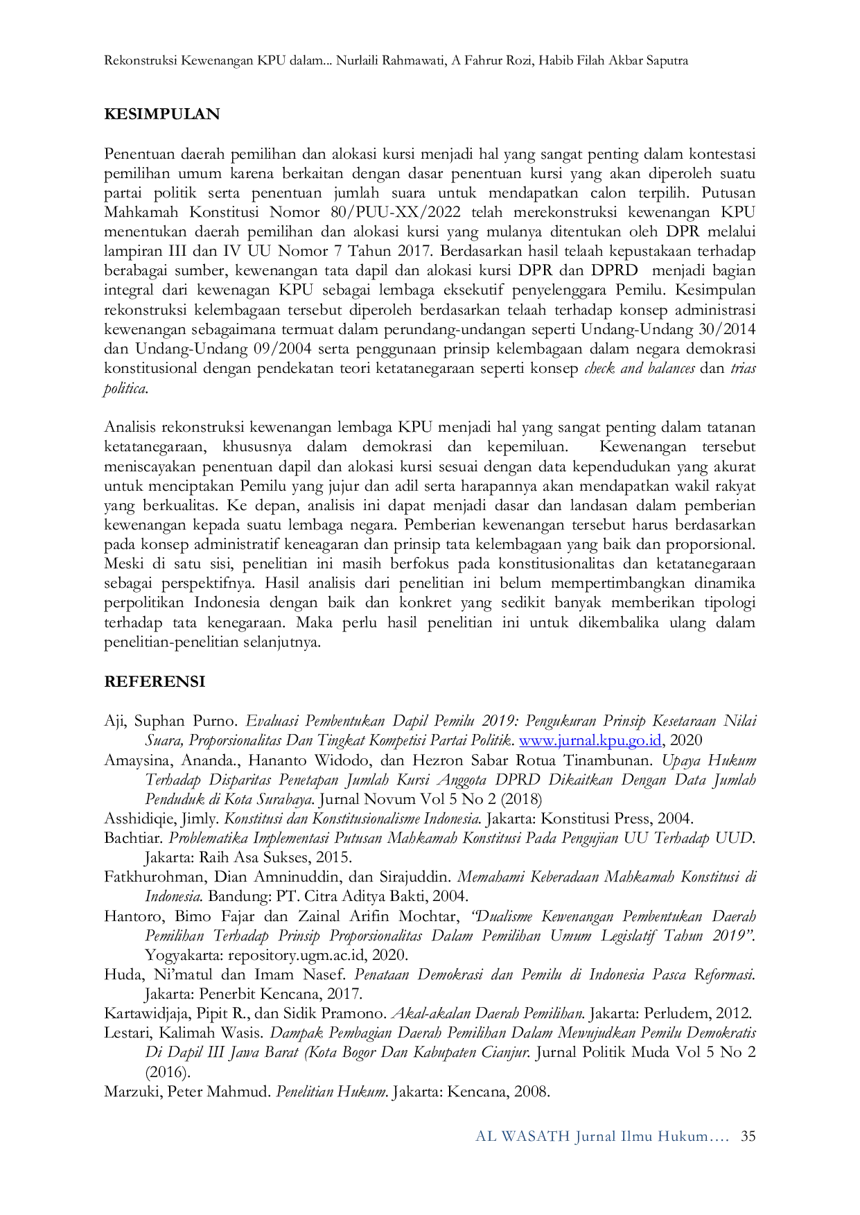 JURIS Rekonstruksi Kewenangan KPU dalam Menentukan Daerah Pemilihan dan Alokasi Kursi DPR RI dan DPRD Pasca Putusan Mahkamah Konstitusi No 80 PUU XX 2022