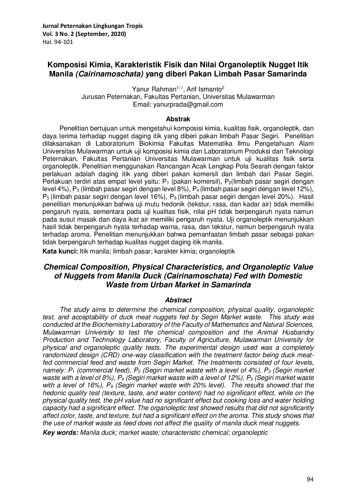 JURIS Komposisi Kimia Karakteristik Fisik dan Nilai Organoleptik Nugget Itik Manila Cairinamoschata yang diberi Pakan Limbah Pasar Samarinda