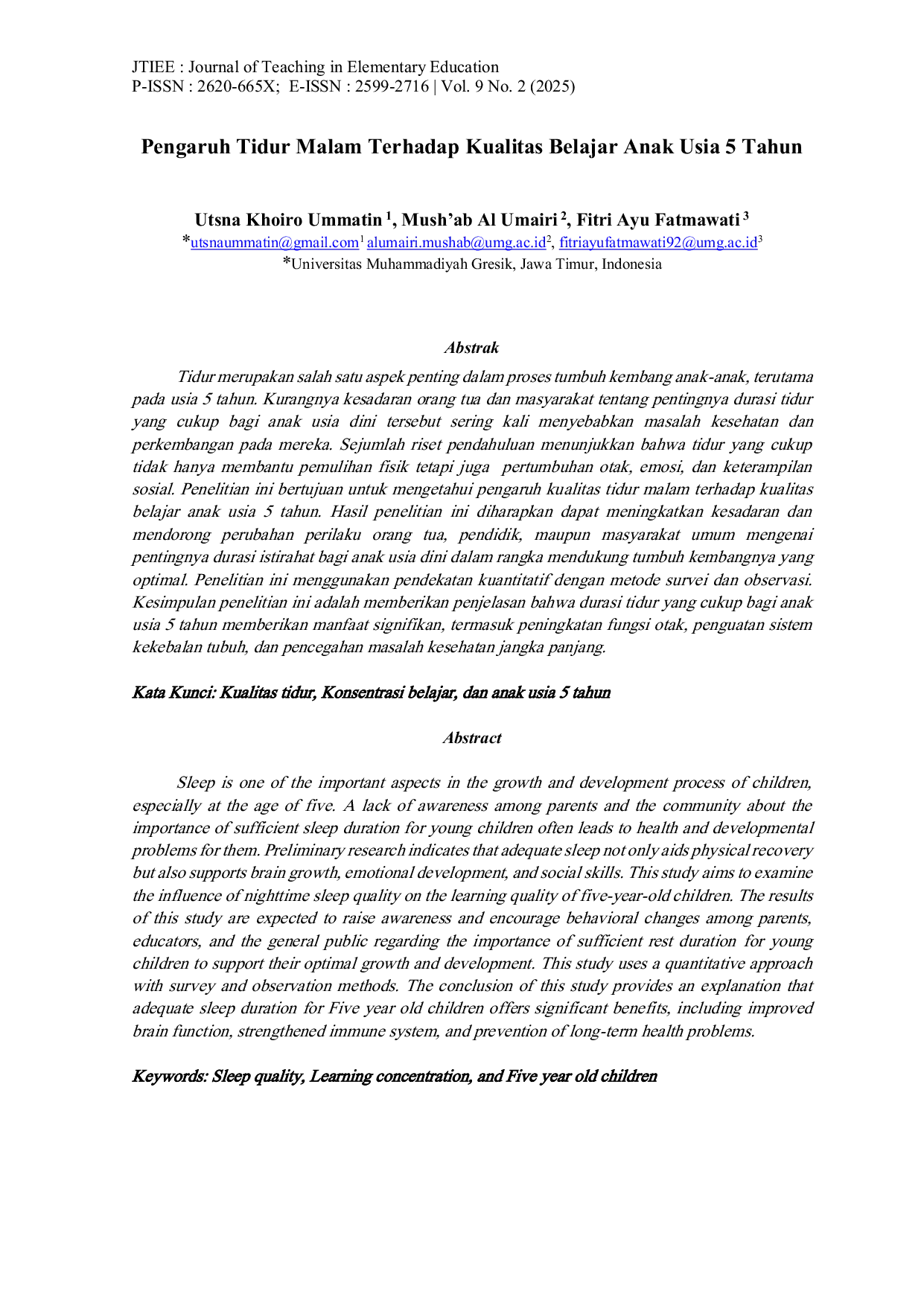 JURIS Pengaruh Tidur Malam Terhadap Kualitas Belajar Anak Usia 5 Tahun