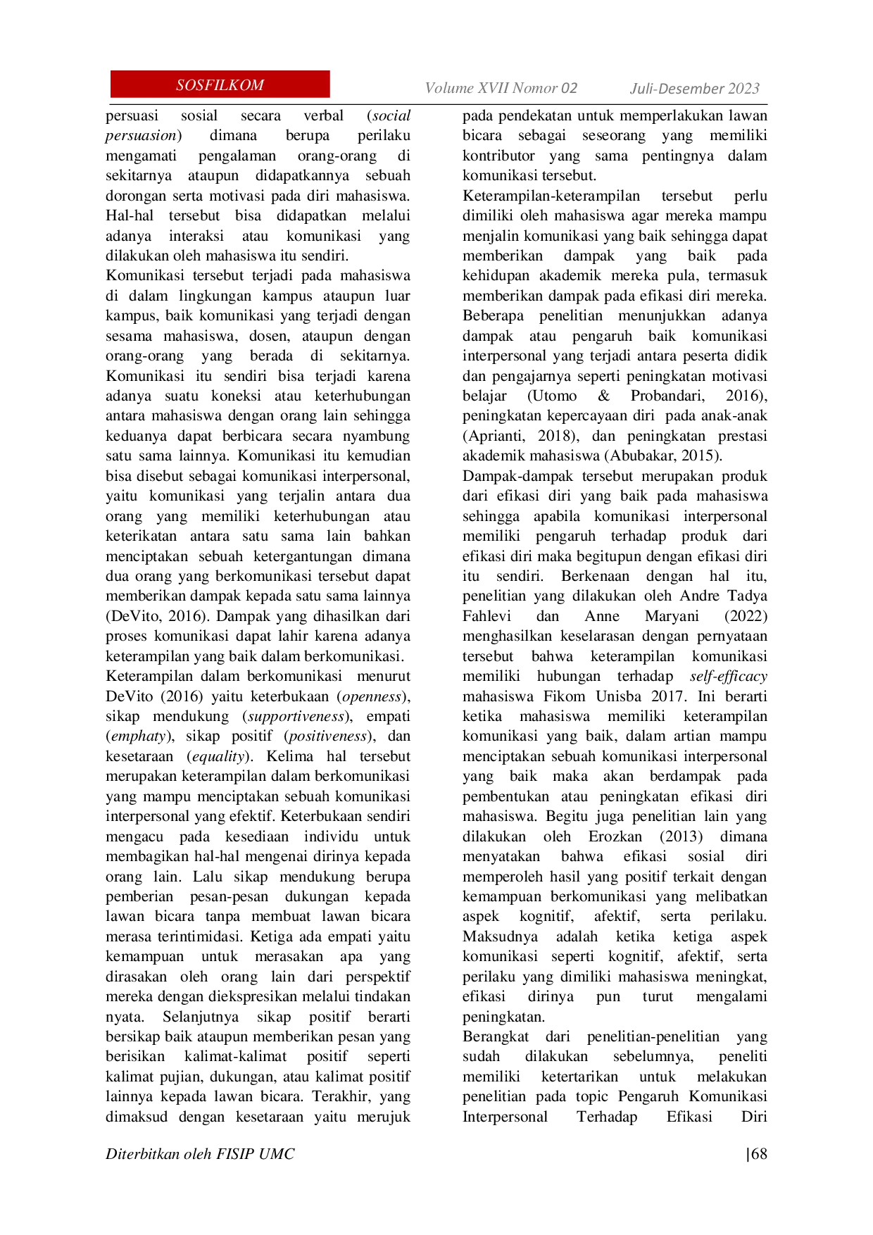 JURIS Pengaruh Komunikasi Interpersonal Terhadap Efikasi Diri Mahasiswa Kampus 3 Universitas Mercu Buana Yogyakarta