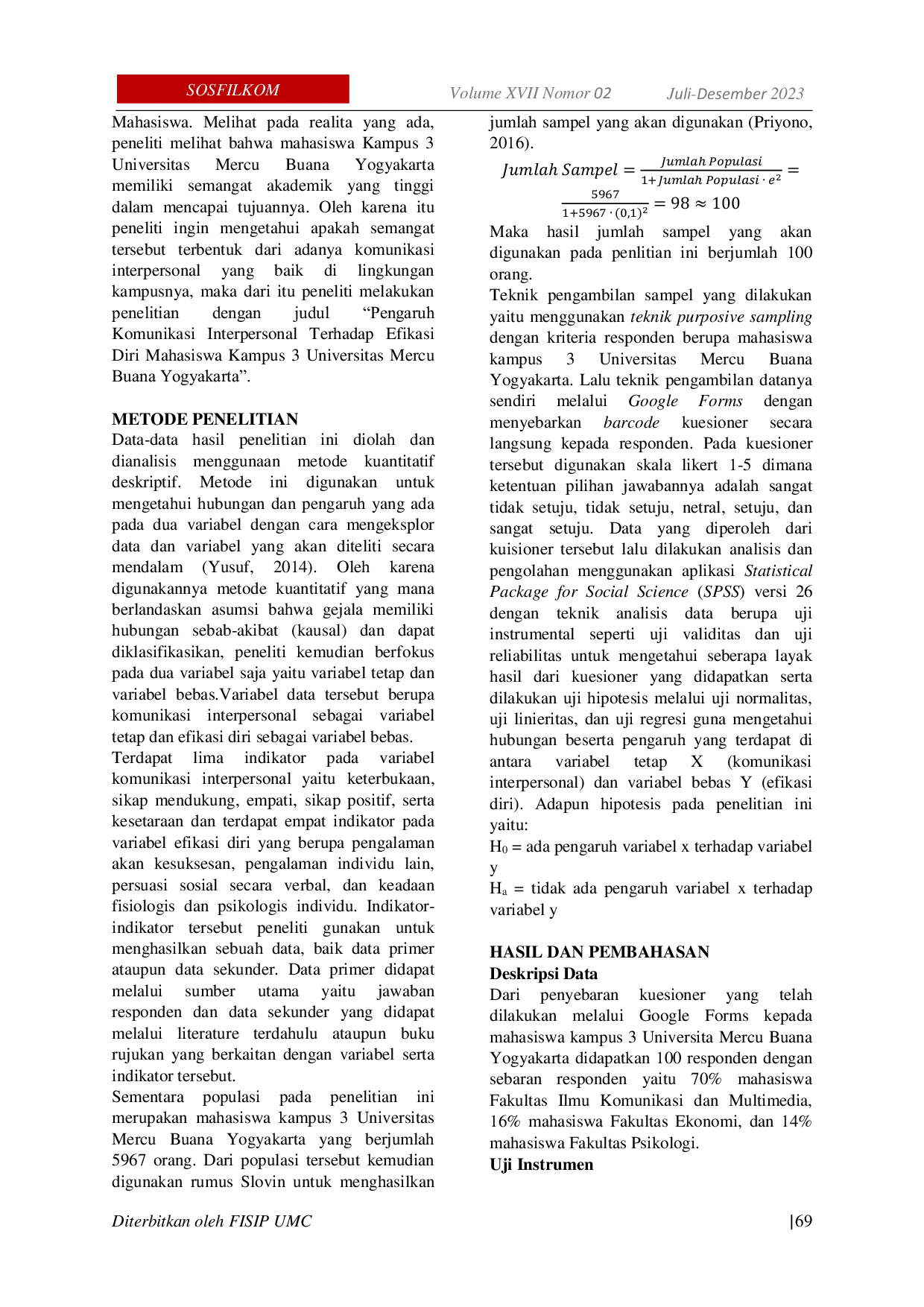 JURIS Pengaruh Komunikasi Interpersonal Terhadap Efikasi Diri Mahasiswa Kampus 3 Universitas Mercu Buana Yogyakarta