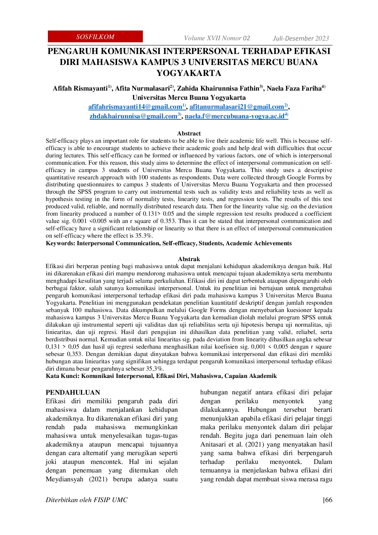 JURIS Pengaruh Komunikasi Interpersonal Terhadap Efikasi Diri Mahasiswa Kampus 3 Universitas Mercu Buana Yogyakarta