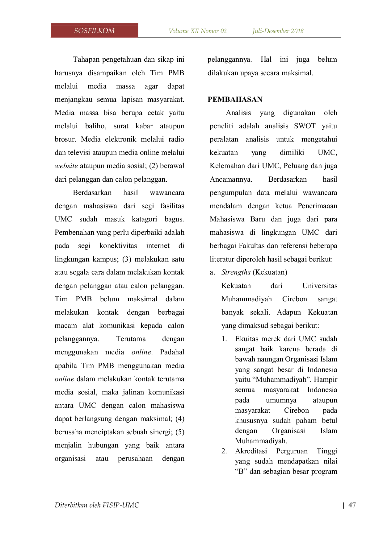 JURIS Strategi Komunikasi Penerimaan Mahasiswa Baru Di Universitas Muhammadiyah Cirebon