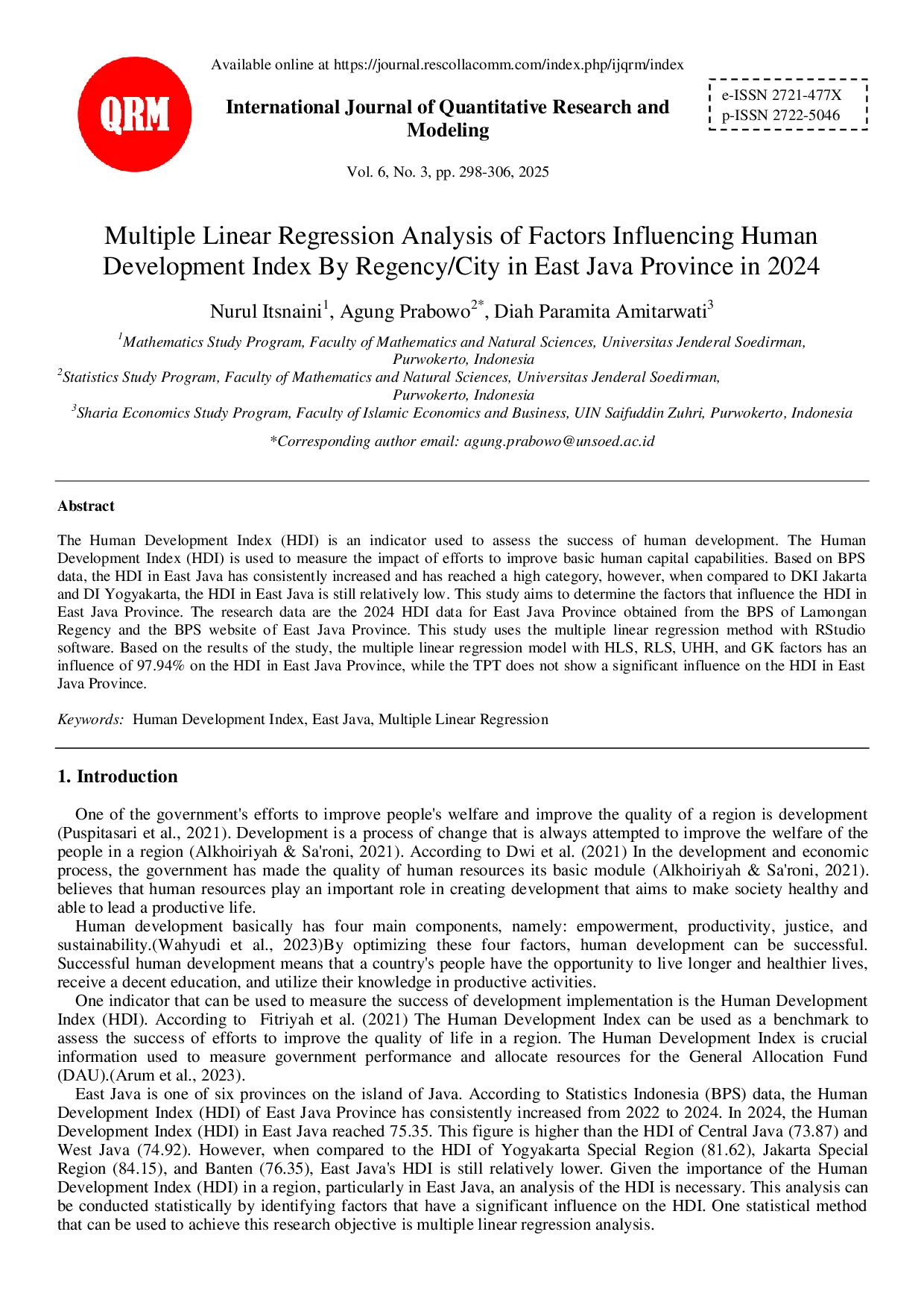 juris Multiple Linear Regression Analysis of Factors Influencing Human Development Index By Regency City in East Java Province in 2024