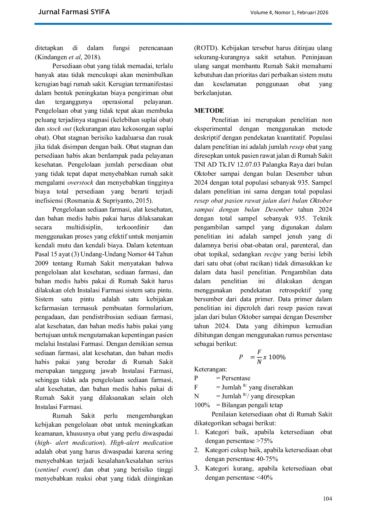 JURIS Gambaran Ketersediaan Obat di Rumah Sakit TNI AD TK IV 12 07 03 Palangka Raya