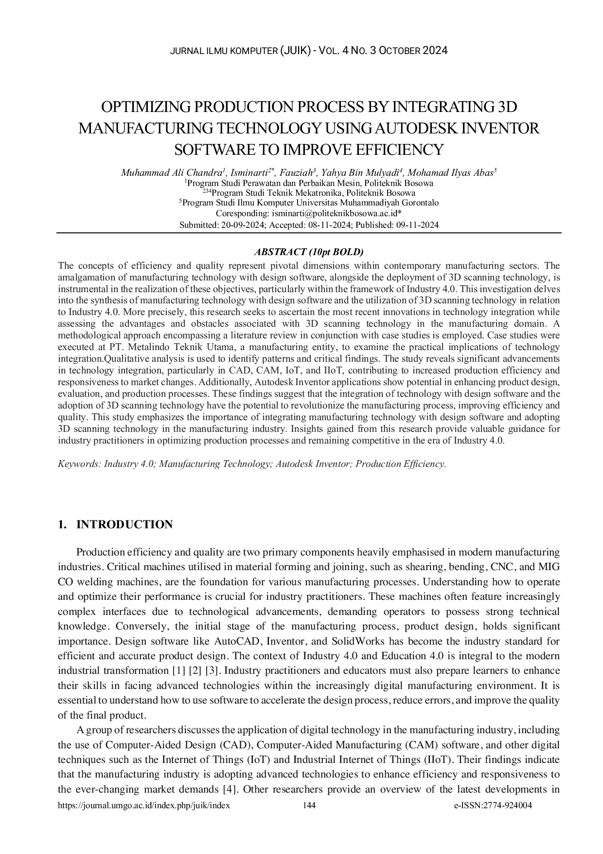 JURIS Optimizing Production Process by Integrating 3D Manufacturing Technology Using Autodesk Inventor Software to Improve Efficiency