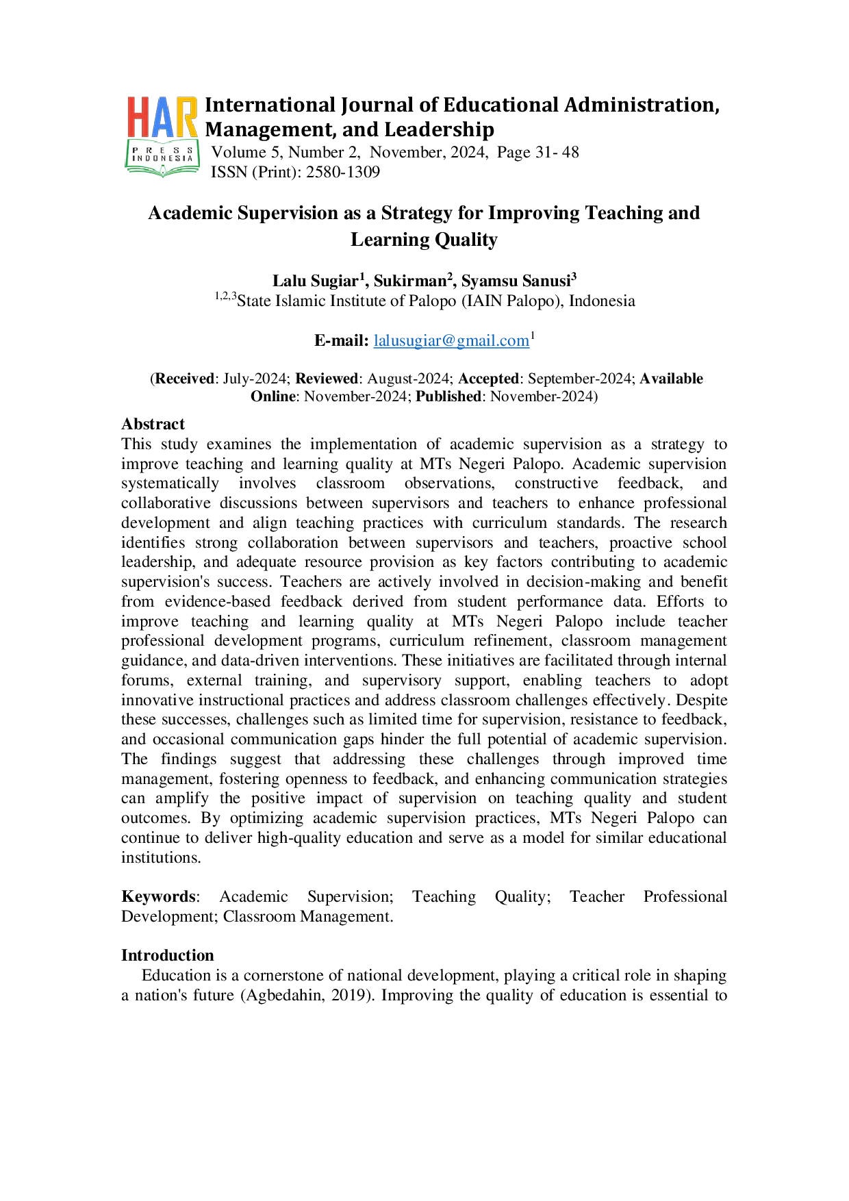 JURIS Academic Supervision as a Strategy for Improving Teaching and Learning Quality