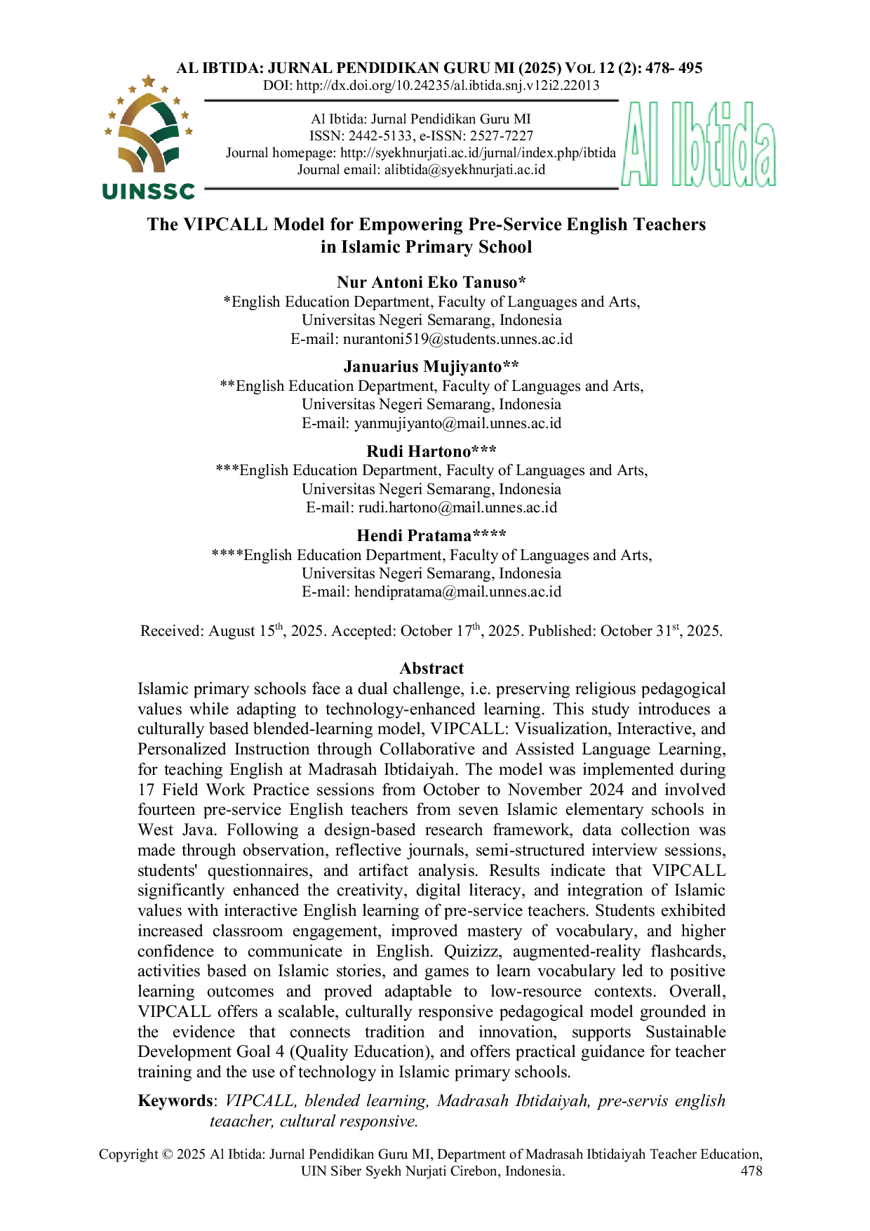 JURIS The VIPCALL Model for Empowering Pre Service English Teachers in Islamic Primary School