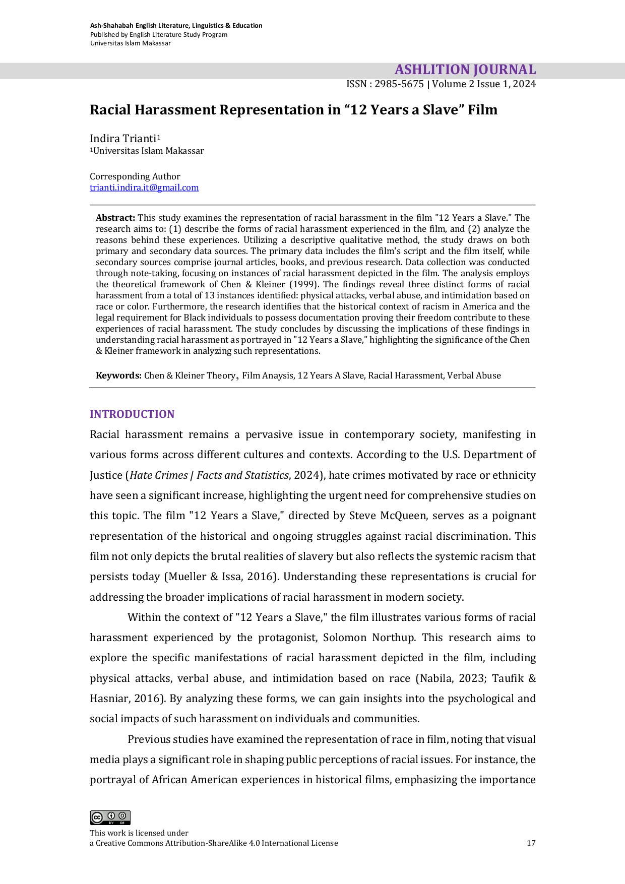 JURIS Racial Harassment Representation in 12 Years a Slave Film