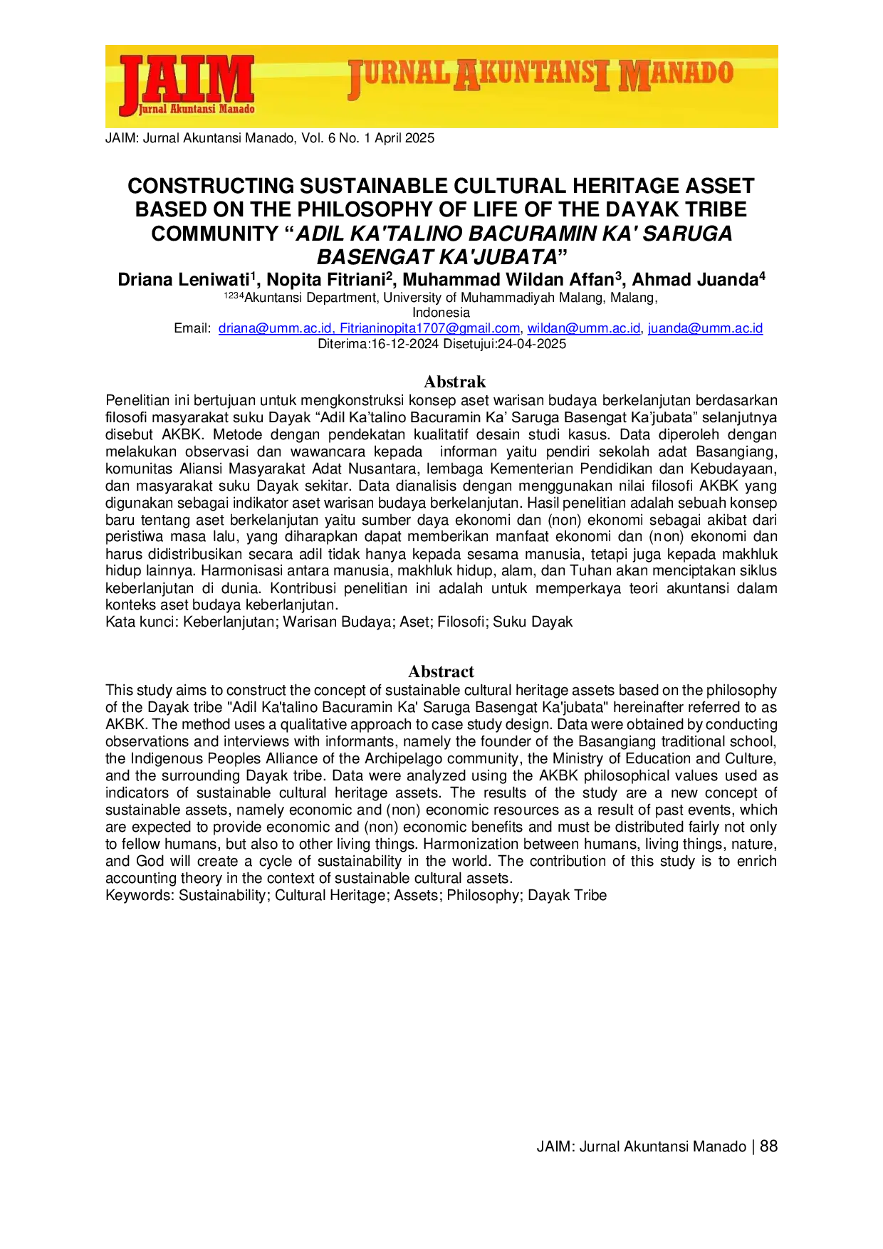 JURIS Constructing Sustainable Cultural Heritage Asset Based on The Philosophy of Life of The Dayak Tribe Community Adil Ka talino B