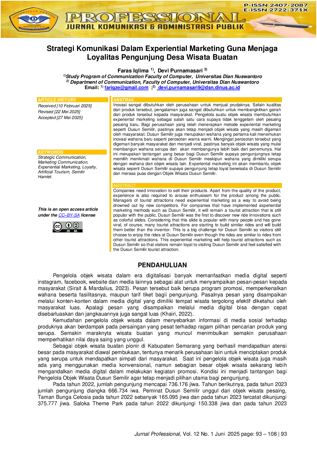 JURIS Strategi Komunikasi Dalam Experiential Marketing Guna Menjaga Loyalitas Pengunjung Desa Wisata Buatan