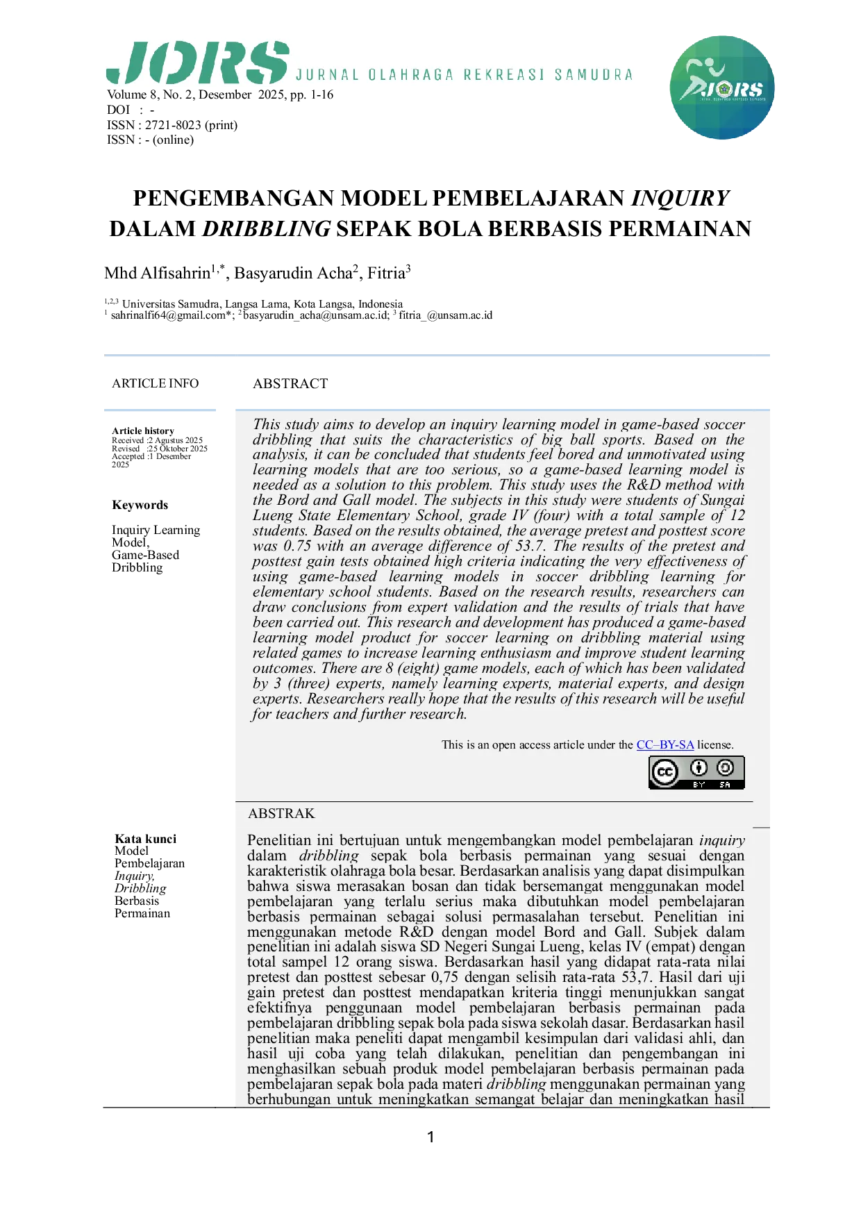 JURIS Pengembangan Model Pembelajaran Inquiry Dalam Dribbling Sepak Bola Berbasis Permainan
