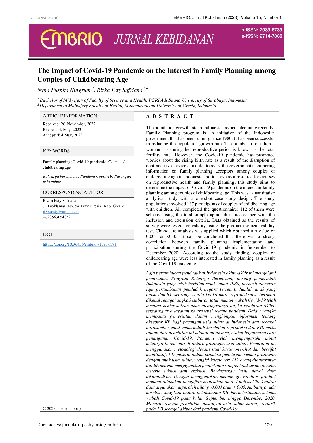 JURIS The Impact Of Covid 19 Pandemic On The Interest In Family Planning Among Couples Of Childbearing Age