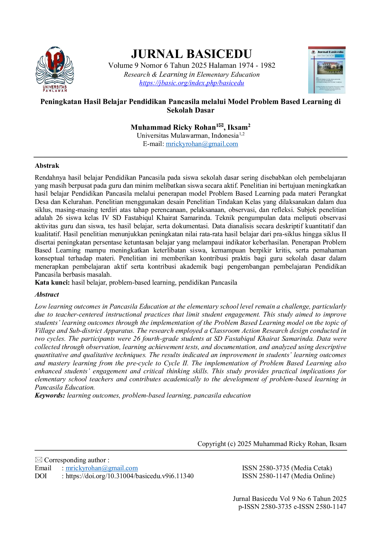 JURIS Peningkatan Hasil Belajar Pendidikan Pancasila melalui Model Problem Based Learning di Sekolah Dasar