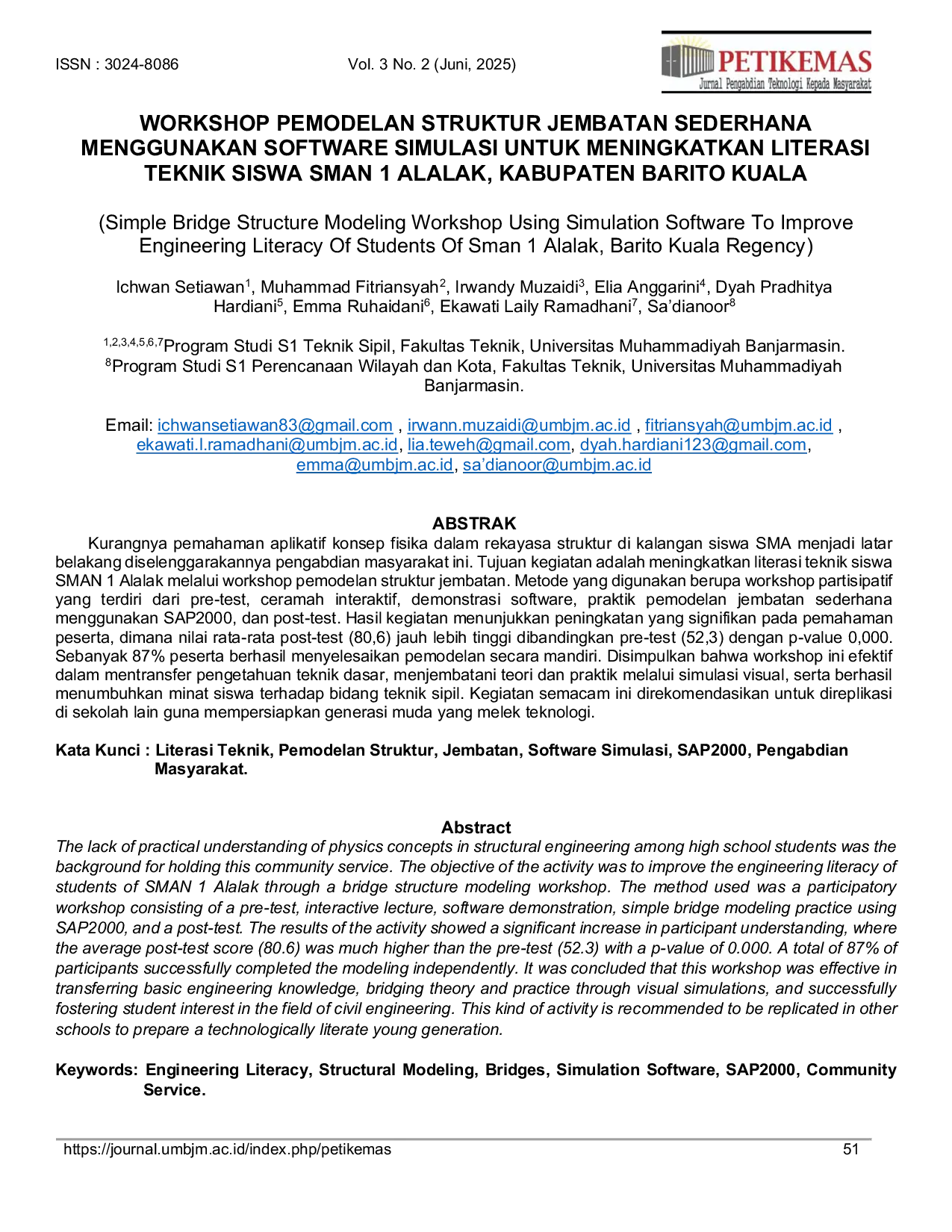 JURIS Workshop Pemodelan Struktur Jembatan Sederhana Menggunakan Software Simulasi Untuk Meningkatkan Literasi Teknik Siswa Sman 1 Alalak Kabupaten Barito Kuala