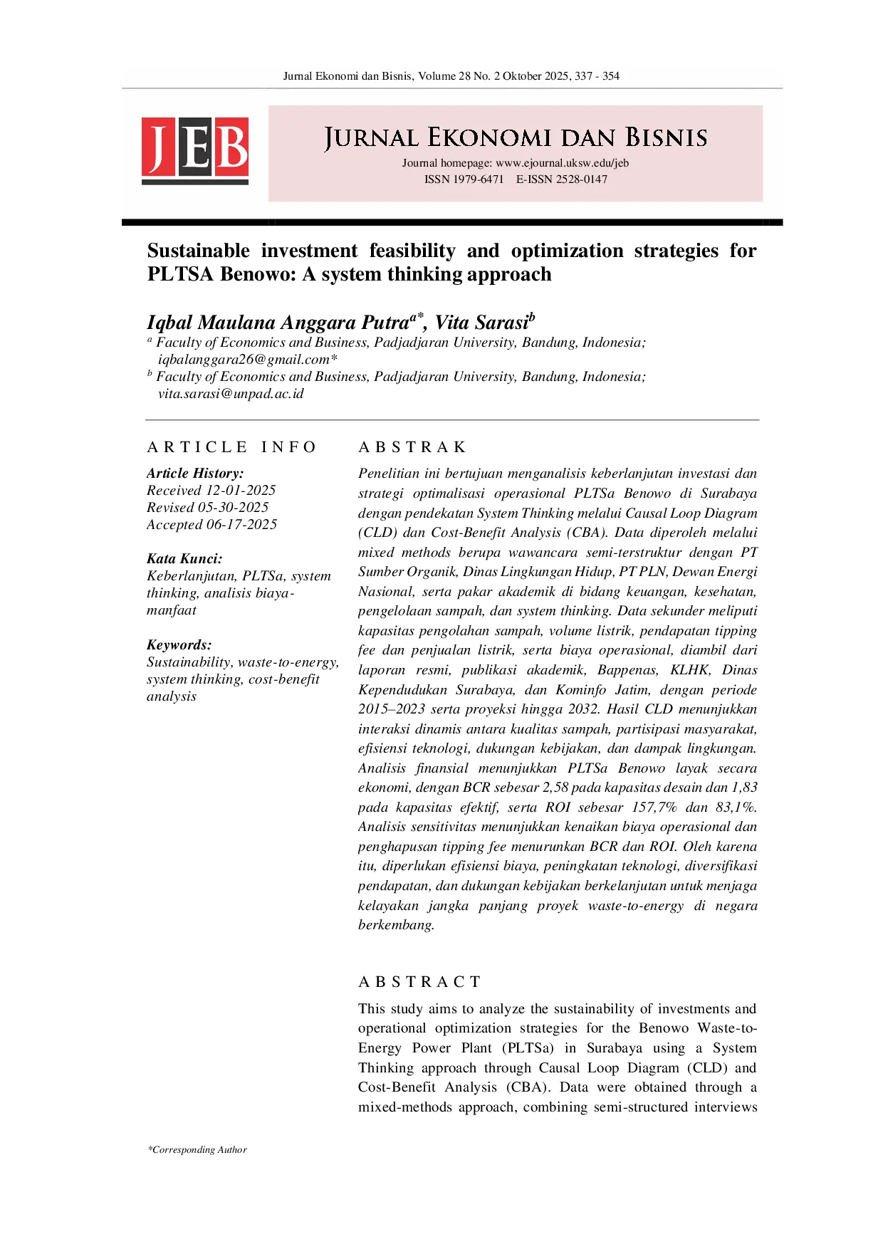 JURIS Sustainable Investment Feasibility and Optimization Strategies for PLTSa Benowo A System Thinking Approach