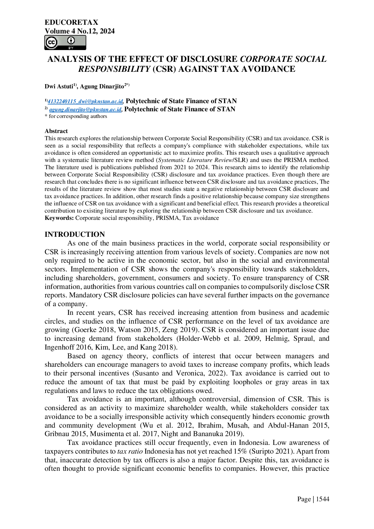 JURIS Analysis of the effect of disclosure Corporate Social Responsibility CSR against tax avoidance